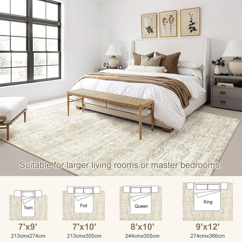 UERMEI 7x9 Area Rug Living Room Rugs - Washable Neutral Modern Abstract Soft Thin Rug Indoor Floor No Slip Rug Carpet for Bedroom Under Dining Table Home Office Decor - Beige/Brown