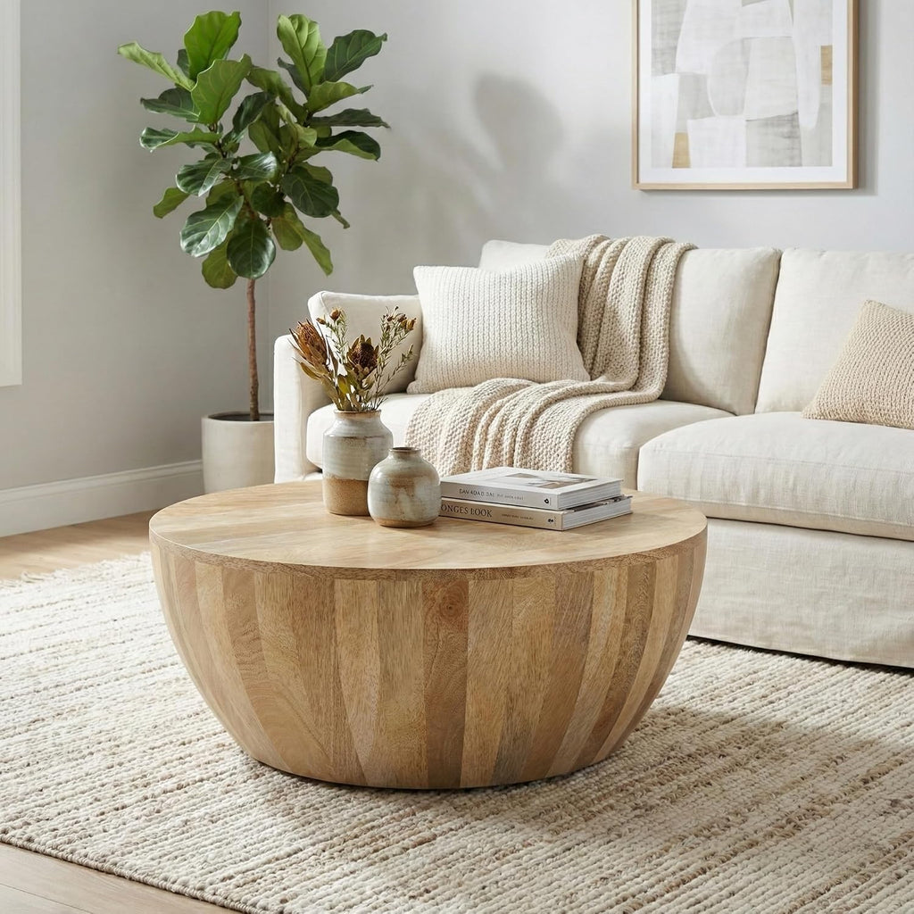 SIMPLIHOME Elmbrook Coffee Table - 34 inch Wide Solid Mango Wood Modern Industrial Round Drum Cocktail Table in Natural Blonde, Sculptural Living Room Table with Low Profile Design, Assembled