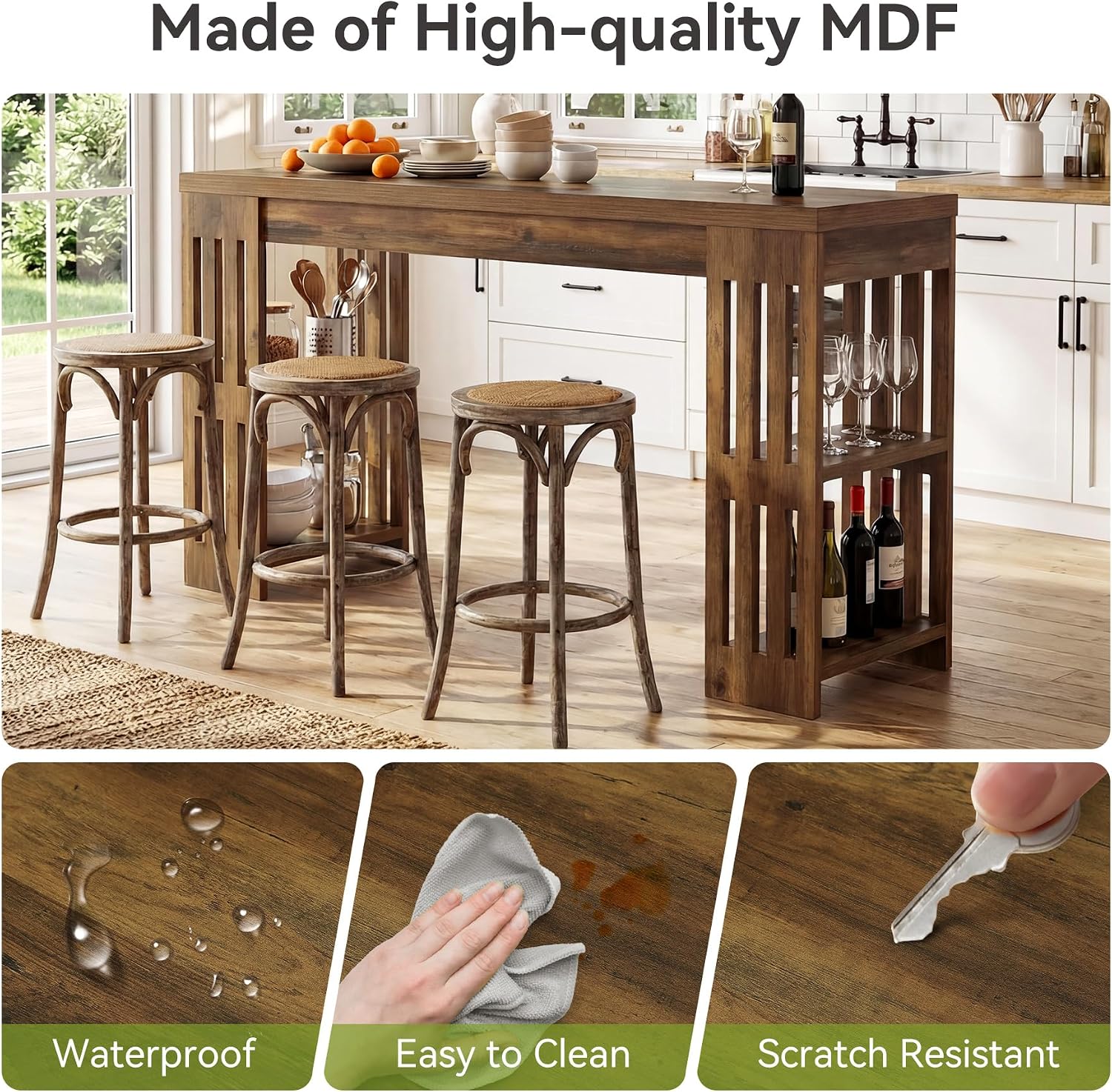 LITTLE TREE Bar Table, 63 Inch Wooden Bistro Table, Large Home Bar Unit with Wine Rack, Pub Table with Storage Shelves for Dining Room, Living Room, Kitchen Room, Brown