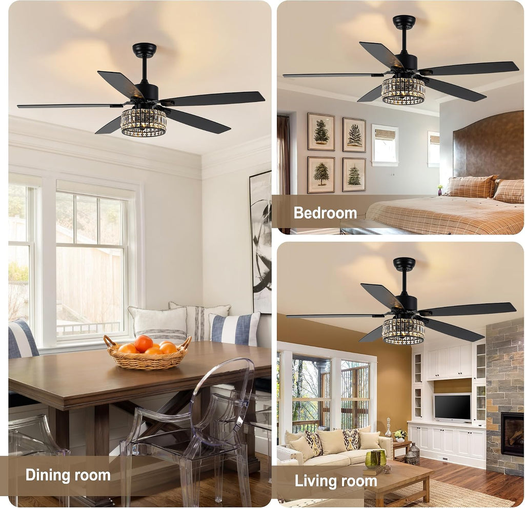 Chandelier Ceiling Fans with Lights and Remote,Caged Ceiling Fan with Light,App 5 Blades E26 Fandelier Ceiling Fans with Lights,Crystal Ceiling Fan for Bedroom,Living Room. (Black, 60 Inch)