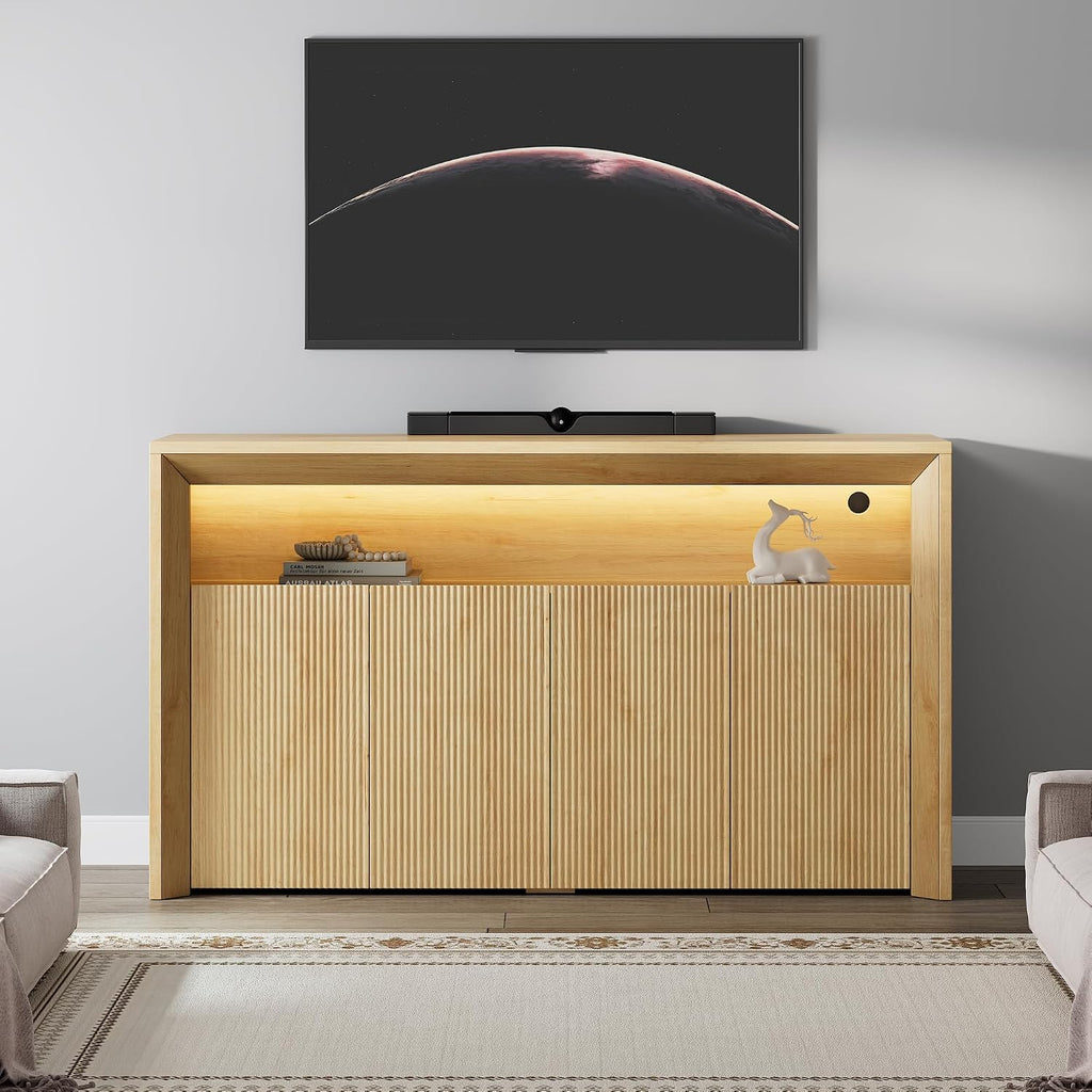Einhomn 66.2' Buffet Cabinet with Storage and led Lights, Modern Sideboard Cabinet with 4 Doors & Shelves, Fluted Media Console Mid Century Coffee Bar Table for Living Room Kitchen Dining Room, Oak