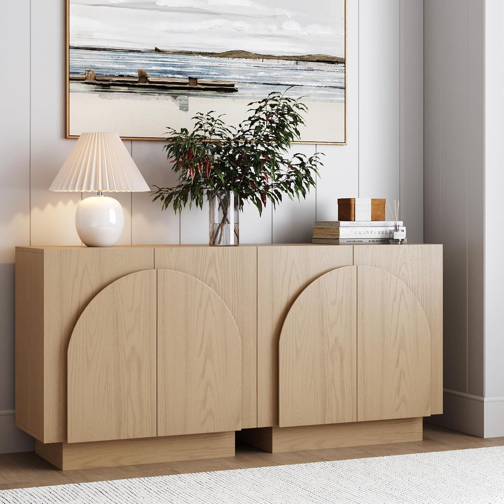 Nathan James Iris Mid-Century Modern Credenza, Light Brown TV Stand, Living Room Wood Storage Cabinet with Arched Cabinet Doors, White Oak, Set of 2