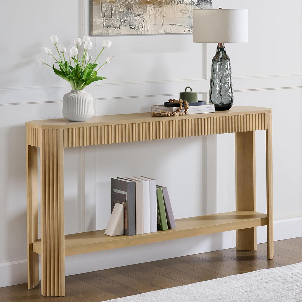 Alaterre Furniture Fluted Solid Wood Console Table - 56 Inch Modern Entryway Table with Storage Shelf - Easy Assembly Living Room Furniture for Behind the Couch, Entryway, or Hallway (Light Oak)