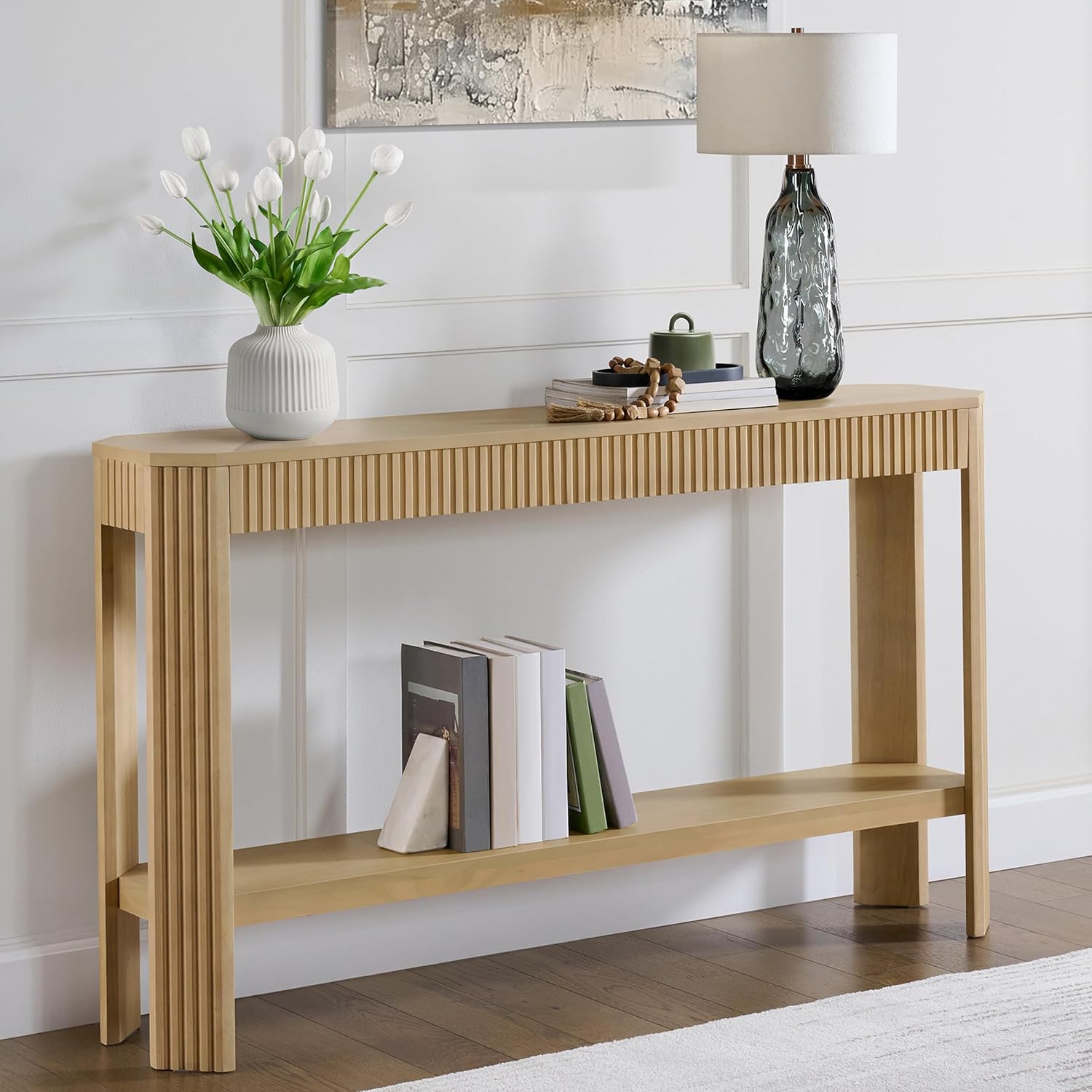Alaterre Furniture Fluted Solid Wood Console Table - 56 Inch Modern Entryway Table with Storage Shelf - Easy Assembly Living Room Furniture for Behind the Couch, Entryway, or Hallway (Light Oak)