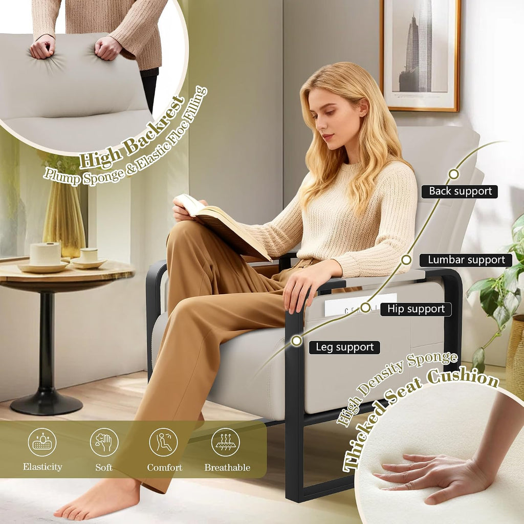 Modern Accent Chair PU Leather Upholstered Armchair with Tray Table for Bedroom Living Room Chairs Office Chair Beige