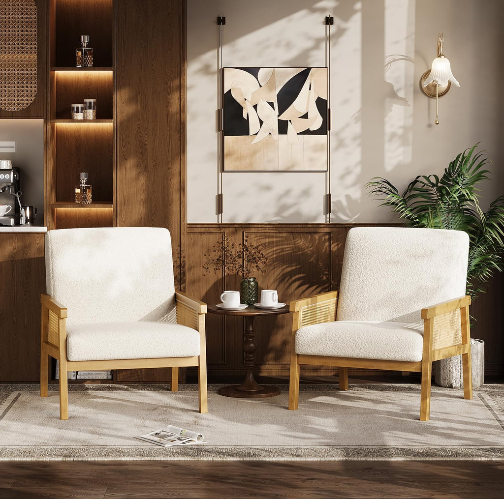 Garvee Boucle Accent Chair, Rattan Armchair with Wooden Frame, High Back, Upholstered Reading Chair Leisure Chairs for Living Room Bedroom Waiting Room Reception, White