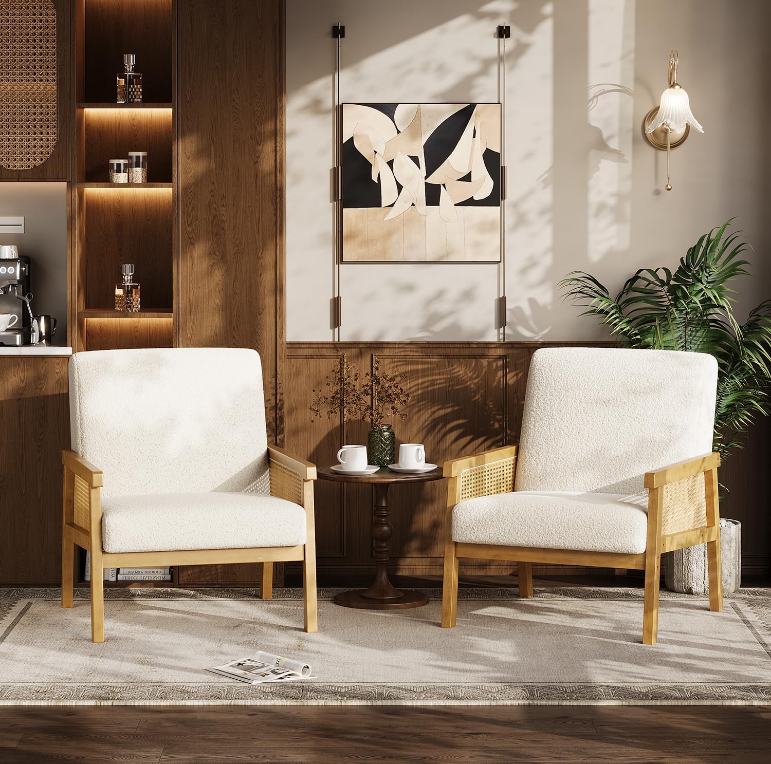 Garvee Boucle Accent Chair, Rattan Armchair with Wooden Frame, High Back, Upholstered Reading Chair Leisure Chairs for Living Room Bedroom Waiting Room Reception, White