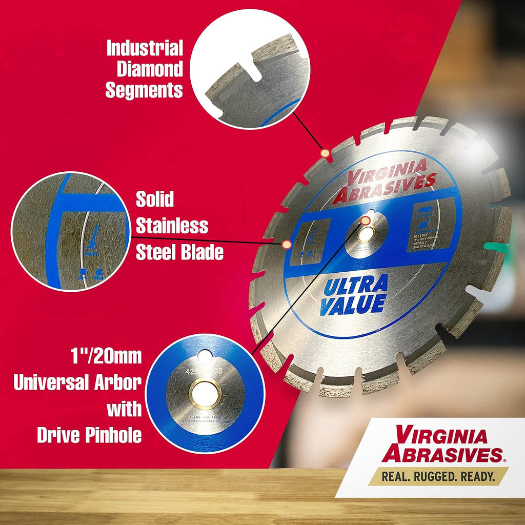 Virginia Abrasives 425-03078 - 14' Ultra-Value Asphalt Diamond Saw Blade - Wet/Dry Concrete Cutting Tool with 7mm Laser-Welded Segments - High Precision for High Speed/Walk Behind Saws -1pc