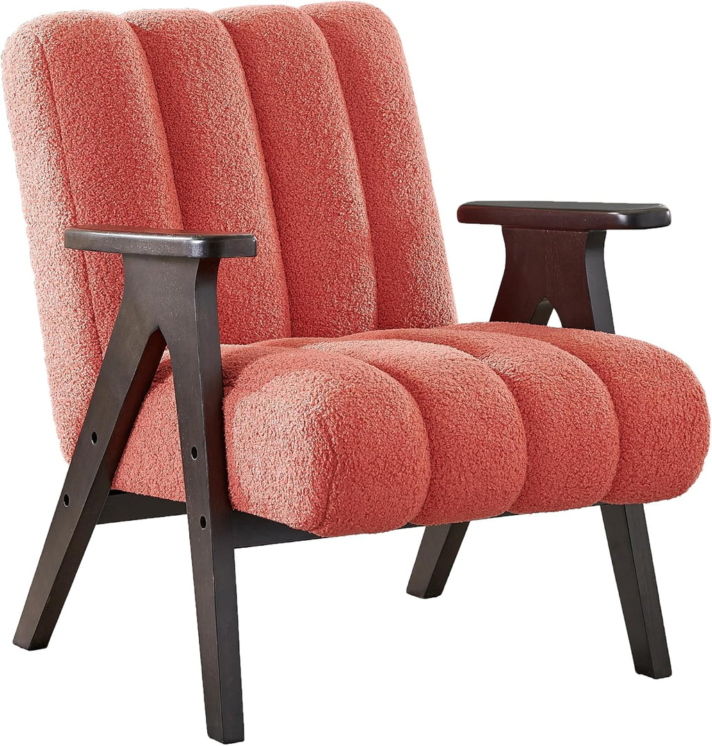 Roundhill Furniture Rella Modern Teddy Sherpa Accent Chair with Espresso Wood Frame, Coral