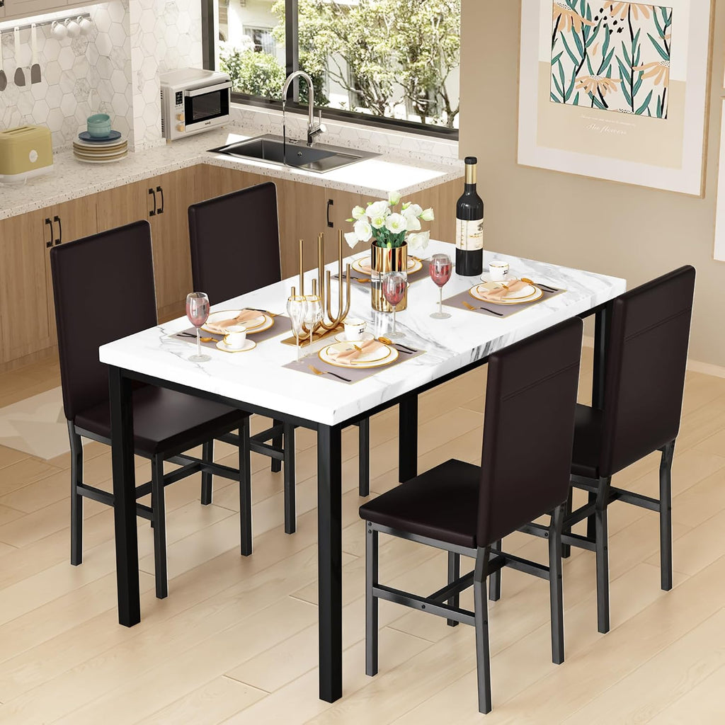 DKLGG Dining Table Set for 4, Modern Kitchen & Dining Room Sets Faux Marble Table with 4 Leather Chairs for Small Space, Home Kitchen, Apartment, White