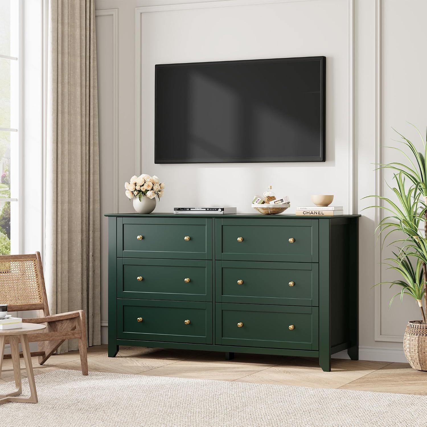 IDEALHOUSE Green 6 Drawer Dresser for Bedroom, 54' Wide Dresser with Deep Drawers & Metal Knobs, Modern Large Wooden Chests of Drawers for Entryway, Hallway