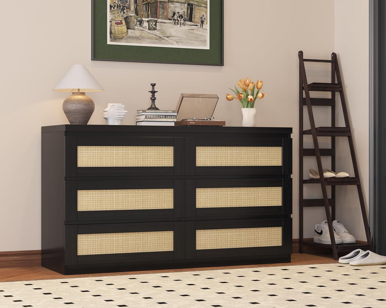 Patikuin Rattan Dresser for Bedroom, Modern 6 Drawer Dresser, Wide Chest of Drawers with Anti-Tip Kit & Smooth Slide Rail, Wood Storage Dressers for Closet, Hallway, Living Room, Black