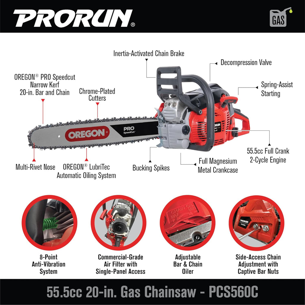 PRORUN 55.5cc 20-in. Gas-Powered 2-Cycle Commercial Chainsaw (PCS560C)