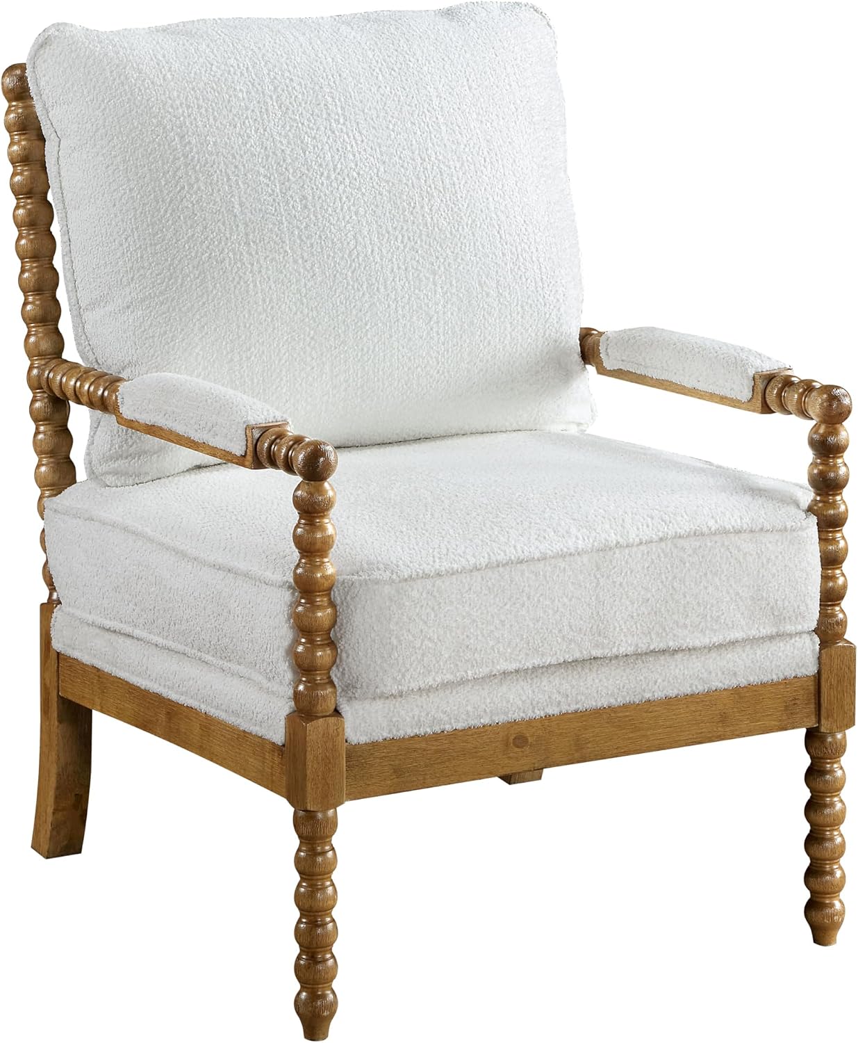 Furniture of America Dedee Mid Century Modern Boucle Fabric Accent Chair with Arms, Wide Spindle and Solidwood Legs for Living Room, Bedroom, Reading Corner, Home Office, Light Oak and White