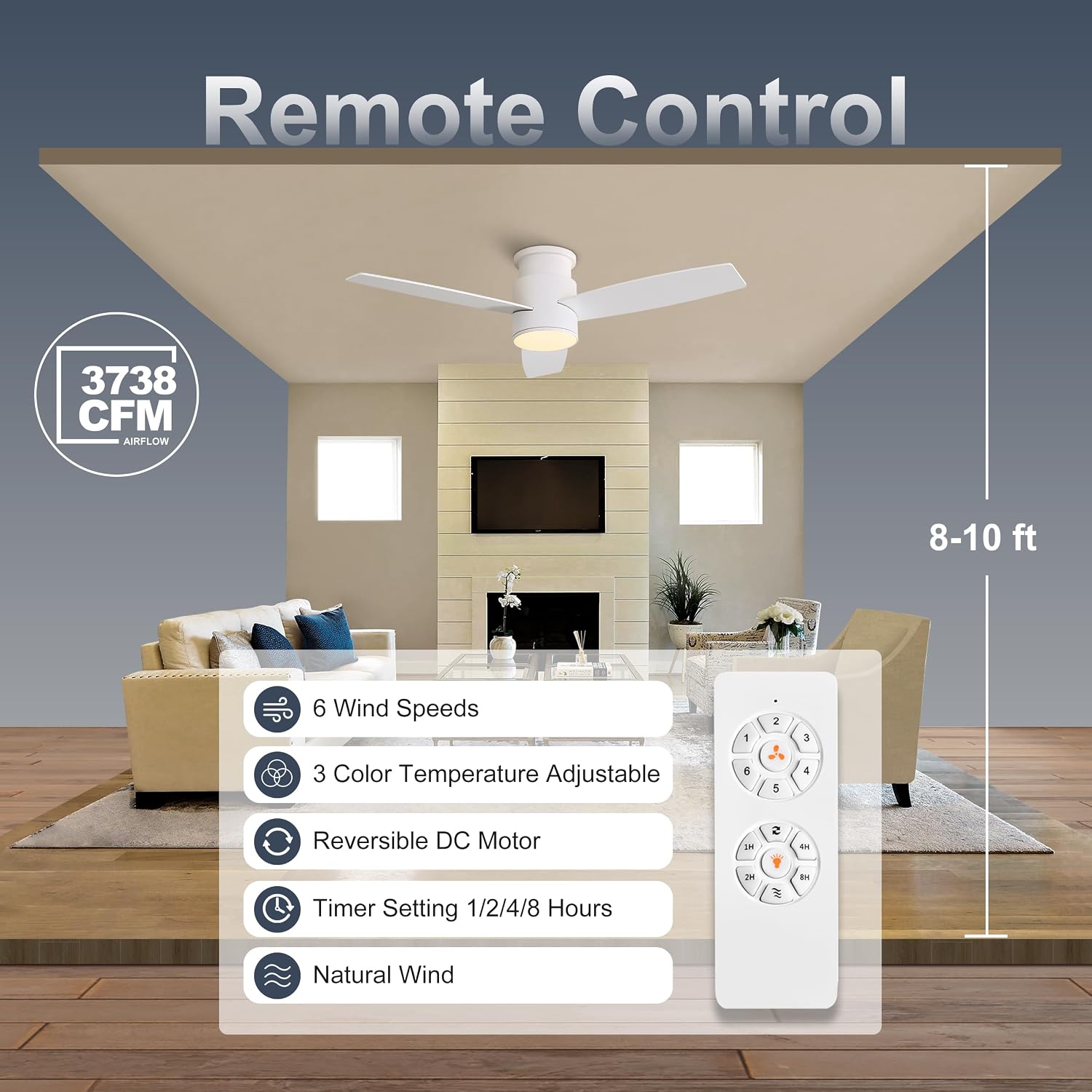 WINGBO 44 Inch Flush Mount DC Ceiling Fan with Lights and Remote, 3 Reversible Blades in White/Oak Finish, 6-Speed DC Motor, 3CCT, Low Profile White Ceiling Fan for Bedroom, Indoor/Outdoor Use