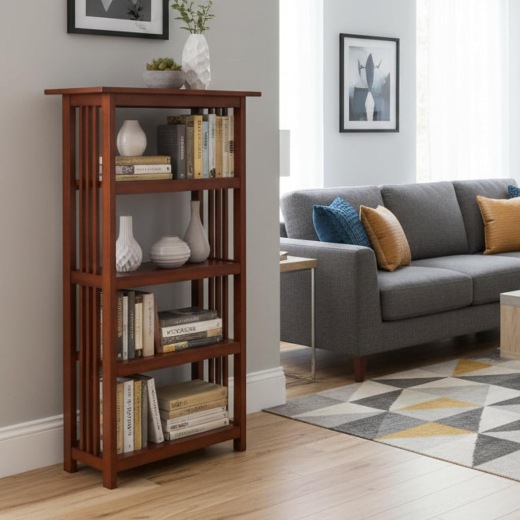 Alaterre Furniture Mission 4-Tier Bookcases with Adjustable Shelves – Mid-century Modern 48-Inch Wood Bookshelf for Living Room, Bedroom or Home Office (Cherry)