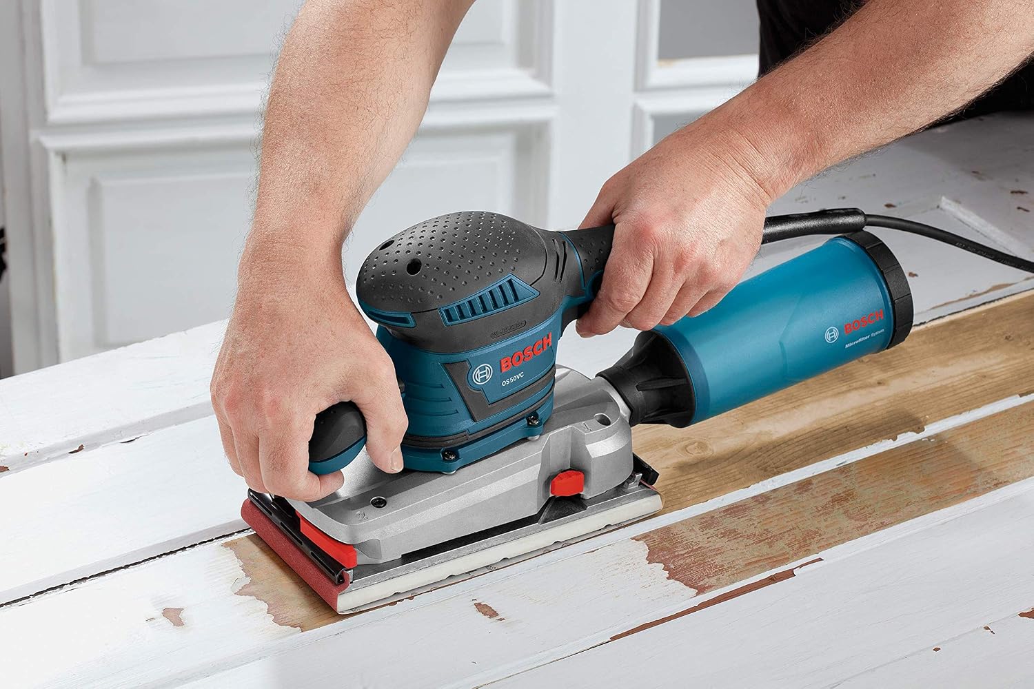 BOSCH OS50VC Electric Orbital Sander - 3.4 Amp 1/2 Inch Finishing Belt Sander Kit with Vibration Control for 4.5 Inch x 9 Inch Sheets, Blue