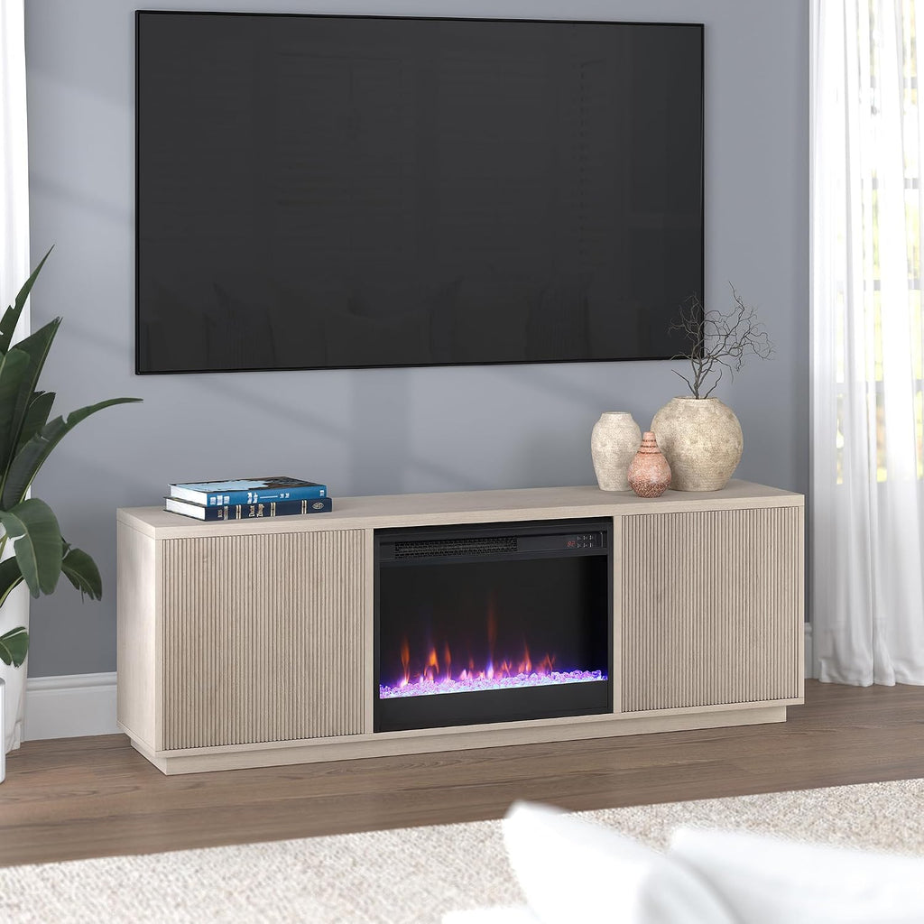 Henn&Hart Fluted TV Stand for TVs up to 75' with 26' Electric Crystal Rocks Fireplace and Ribbed Side Storage Cabinets for Living Room, Family Room, or Office, Beech White