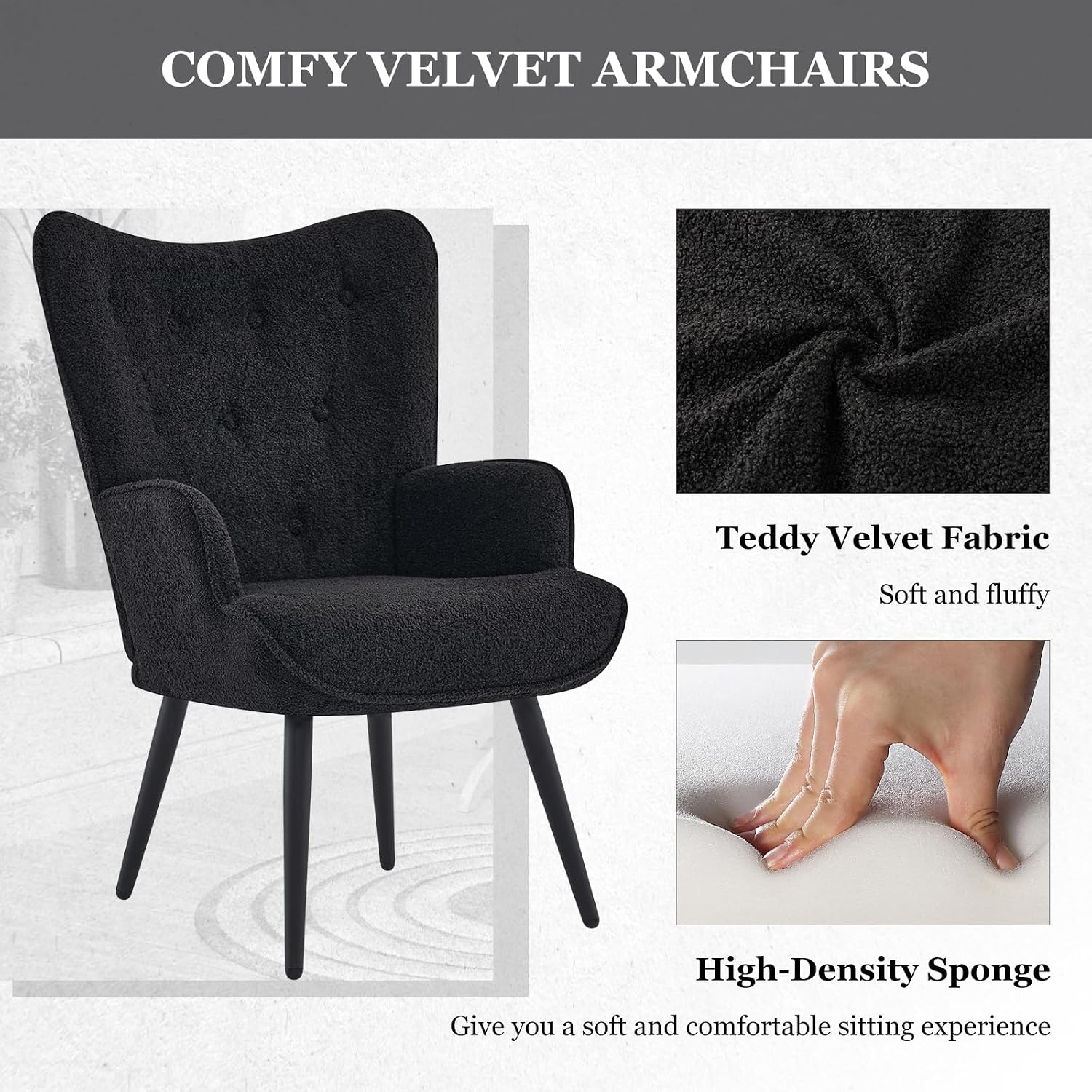 Furnimart Mid-Century Modern Accent Chairs Set of 2, Black Sherpa Wingback Reading Chairs with High Backrest, Armchair for Living Room, Bedroom, Waiting Room