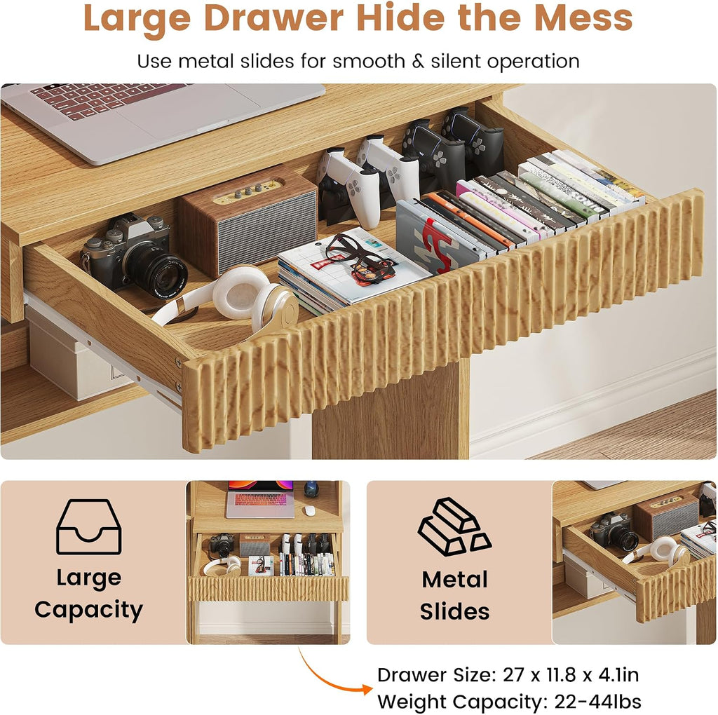 kepptory 63' Tall Computer Desk with Hutch, Fluted Wood Home Office Desk with Charging Station, Drawer & Storage Cabinet, Oak Workstation for Work & Study