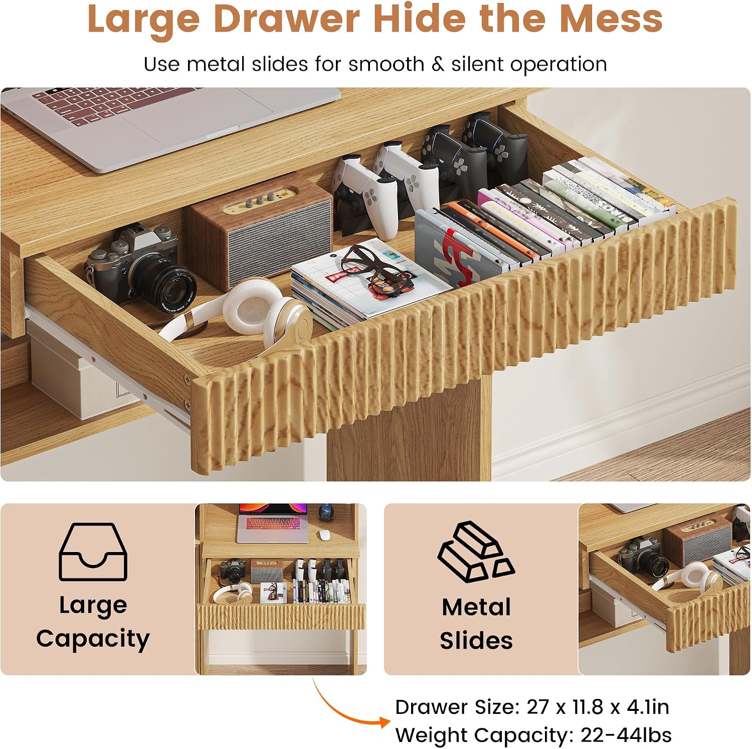 kepptory 63' Tall Computer Desk with Hutch, Fluted Wood Home Office Desk with Charging Station, Drawer & Storage Cabinet, Oak Workstation for Work & Study