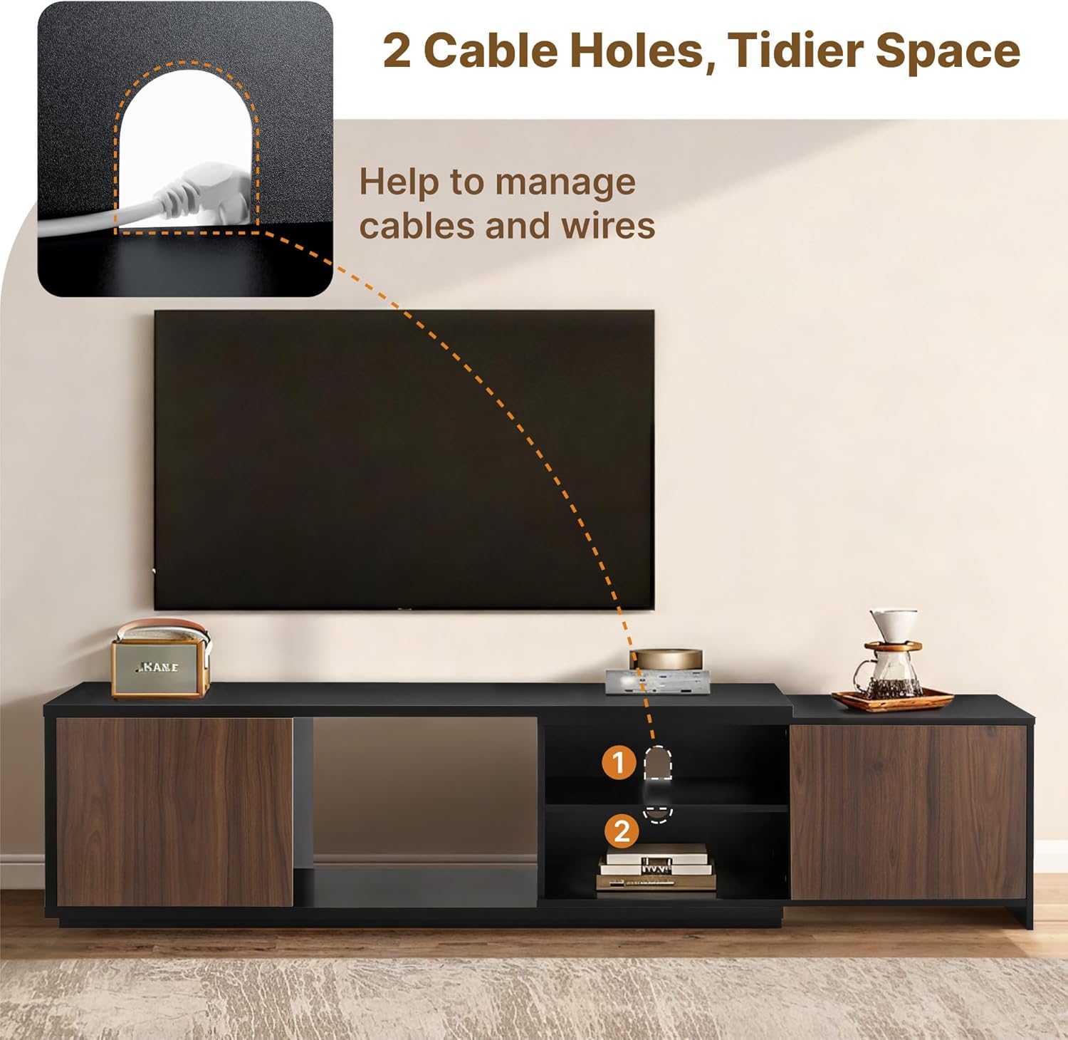 KISLOT Extendable TV Stand for TVs up to 90',Modern Entertainment Center with Adjustable Shelf,Television Stand with 2 Storage Cabinets,Wooden TV Media Console for Living Room Bedroom Black