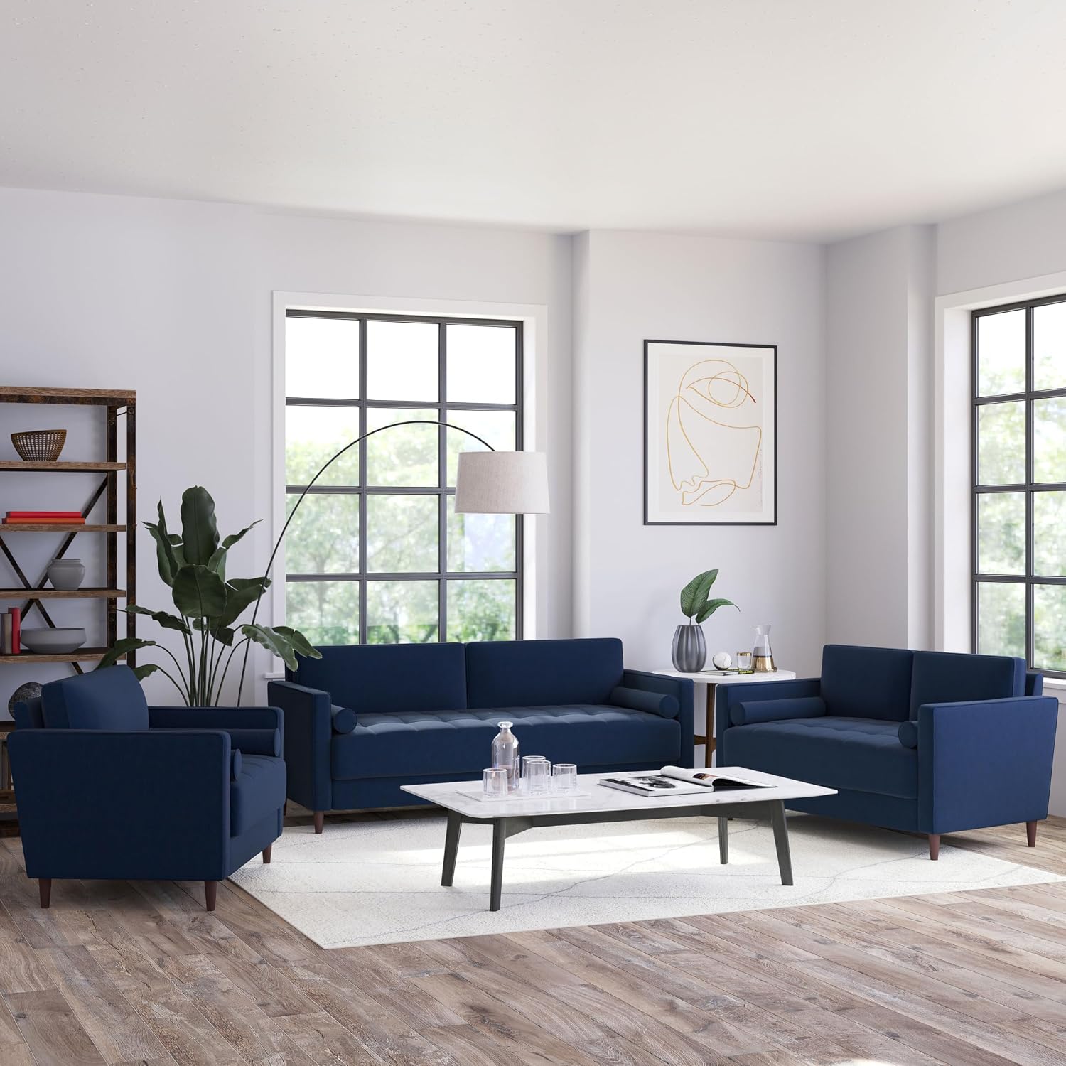 Studio Living® Lexington 39.4' Arm Chair, Mid-Century Modern, Pocket Coil Comfort, Easy Assembly, Woven Fabric, Navy Blue
