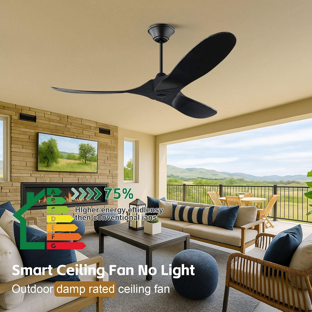 60 inch Black Outdoor Ceiling Fan for Patios without Lights Damp Rated, Large Airflow Smart Ceiling Fan with Alexa/Remote/App Control, Outdoor Wood DC Fan No Light for Commercial Indoor Exterior Porch