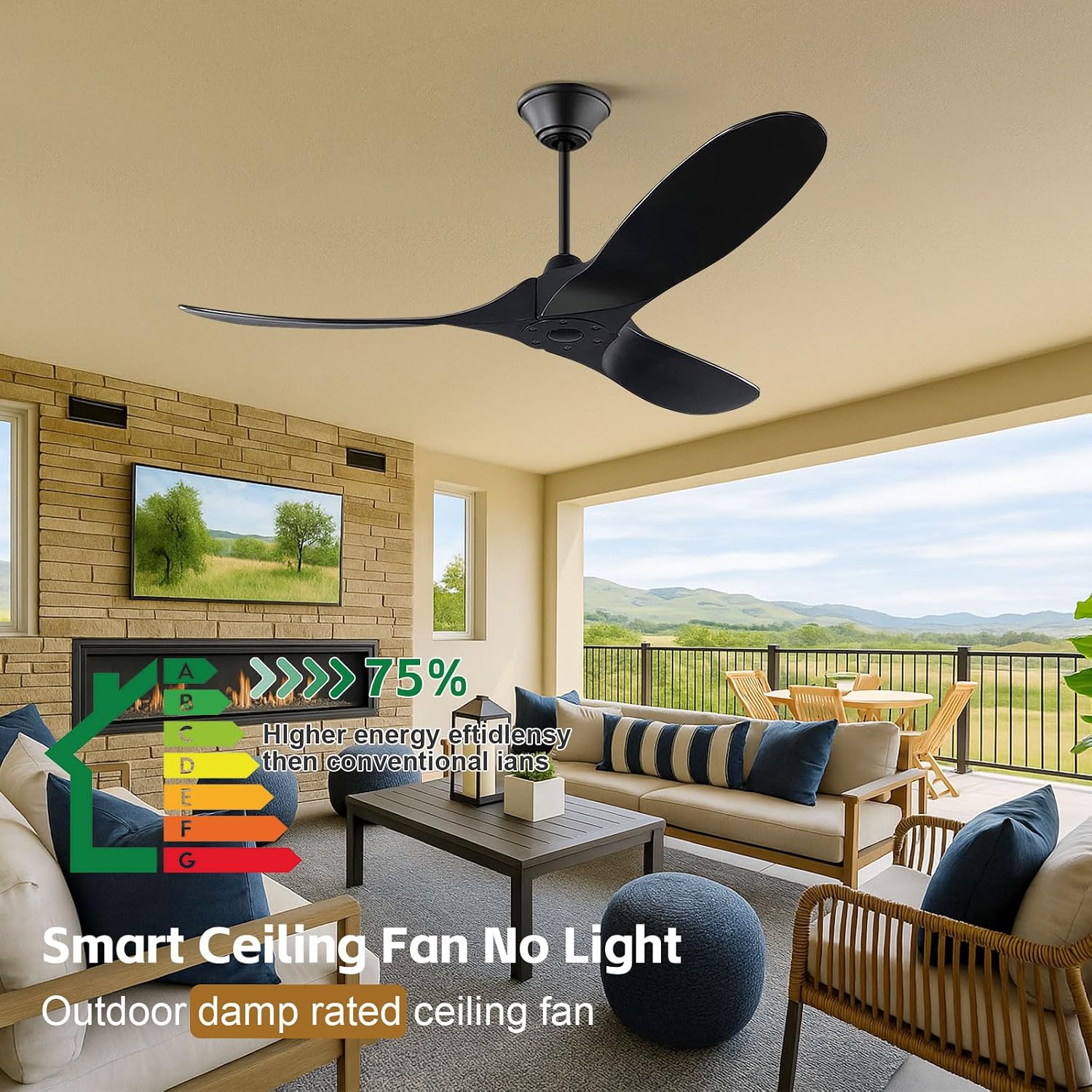 60 inch Black Outdoor Ceiling Fan for Patios without Lights Damp Rated, Large Airflow Smart Ceiling Fan with Alexa/Remote/App Control, Outdoor Wood DC Fan No Light for Commercial Indoor Exterior Porch