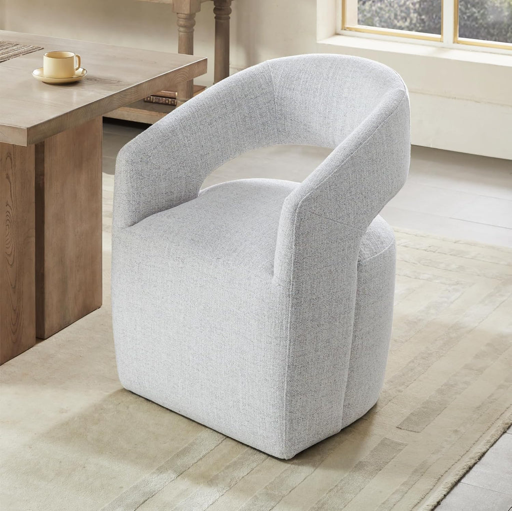 KISLOT Upholstered Dining Chairs with Casters, No Assembly Modern Barrel Armchair with Rollers for Dining Room, Bedroom, Living Room, Reading Room, Home Office, Set of 2, Light Grey