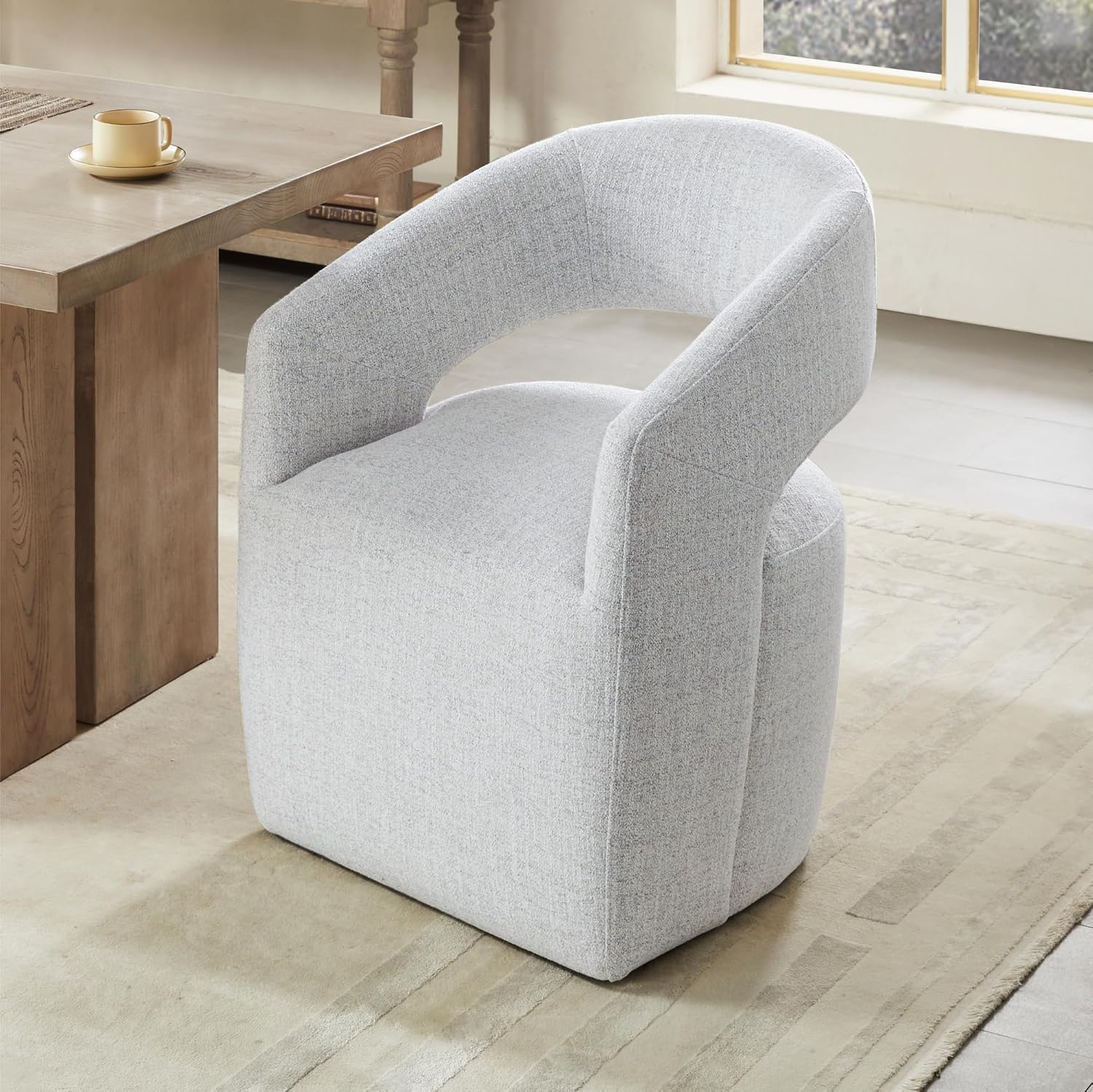 KISLOT Upholstered Dining Chairs with Casters, No Assembly Modern Barrel Armchair with Rollers for Dining Room, Bedroom, Living Room, Reading Room, Home Office, Set of 4, Light Grey