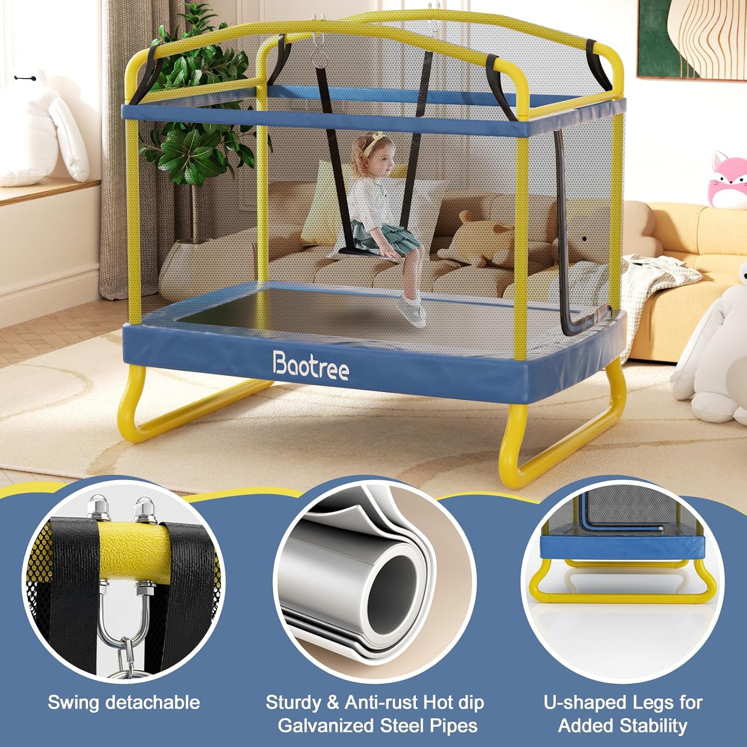 6.5FT Rectangle Trampoline for Kids, 78'ASTM Approved Recreational Trampolines with Swing, Small Toddler Trampoline with Safety Enclosure Net, Outdoor and Backyard, Gifts for Children & Boys & Girls