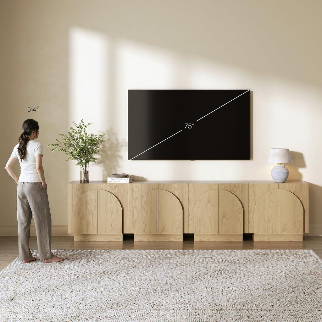 Nathan James Iris Mid-Century Modern Credenza, Light Brown TV Stand, Living Room Wood Storage Cabinet with Arched Cabinet Doors, White Oak, Set of 4