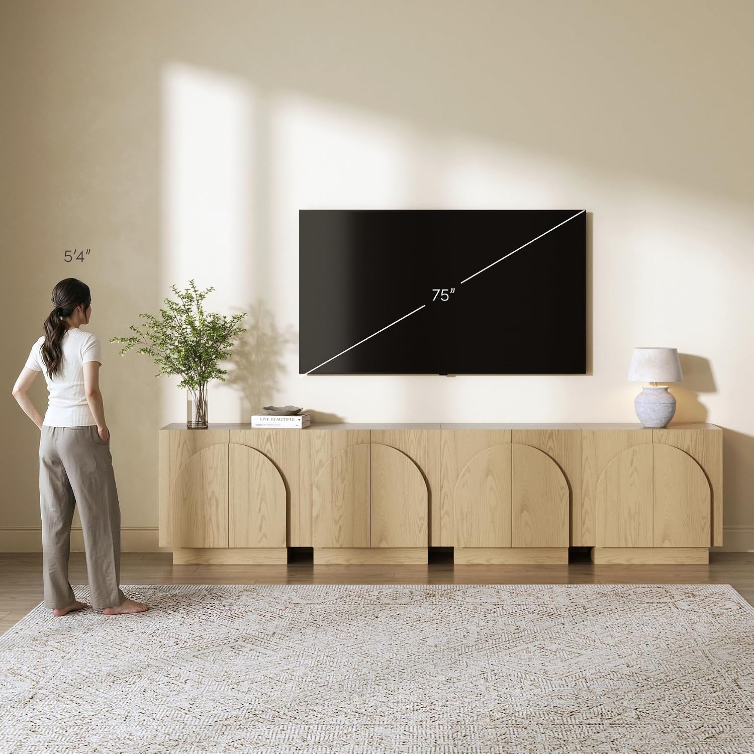Nathan James Iris Mid-Century Modern Credenza, Light Brown TV Stand, Living Room Wood Storage Cabinet with Arched Cabinet Doors, White Oak, Set of 4