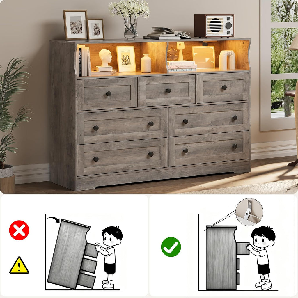 IDEALHOUSE Dresser for Bedroom with 7 Drawers, LED Lights & Charging Station, Wooden Chest with 2 Open Compartments, Freestanding Storage Organizer for Closet, Nursery, Entryway, Light Brown