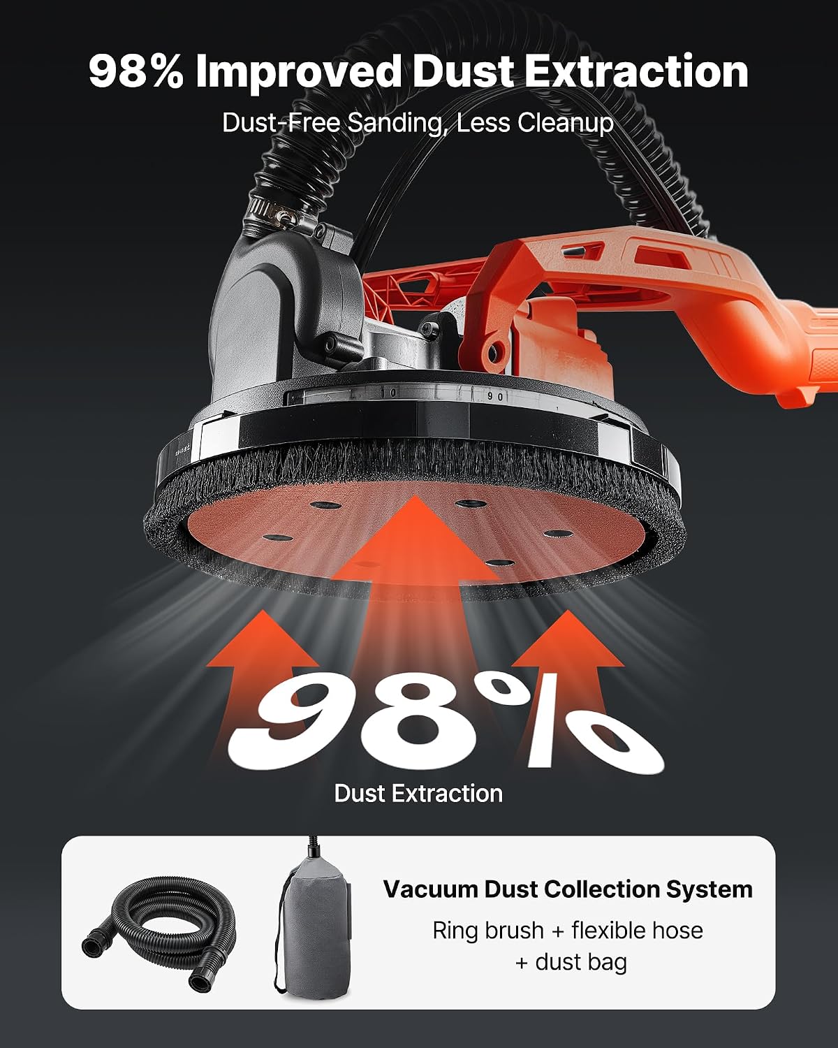 VEVOR Drywall Sander, 450W Cordless Electric Sander, Popcorn Ceiling Removal Tool with Vacuum Dust Collection, 7 Variable Speed 0-1600 RPM, LED Light, Foldable & Extendable Handle, 15 Sanding Discs