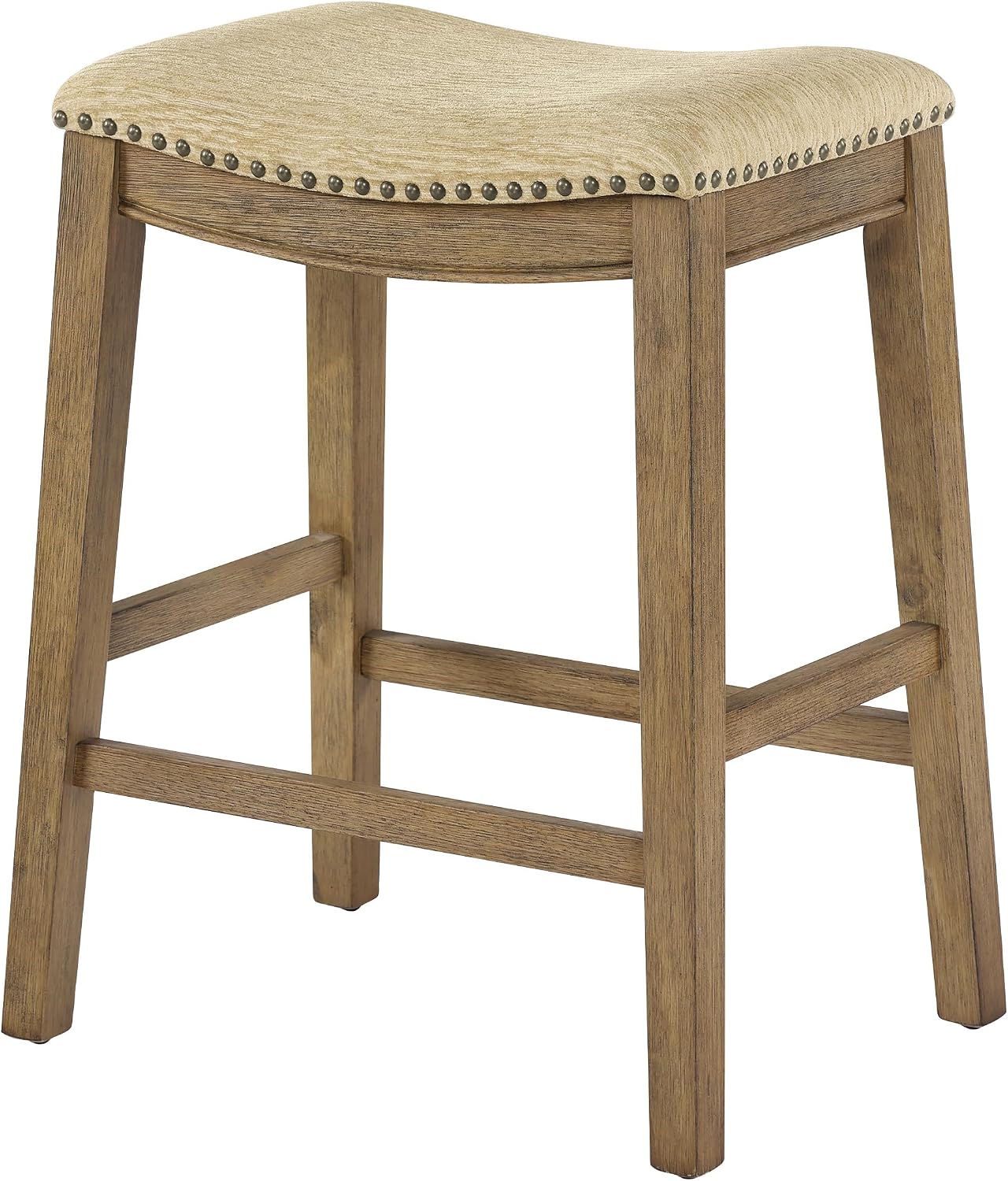 OSP Home Furnishings Metro Farmhouse Saddle Stool with Nailhead Trim, 2-Pack, 24-inch Counter Height, Medium Oak Frame with Camel Fabric