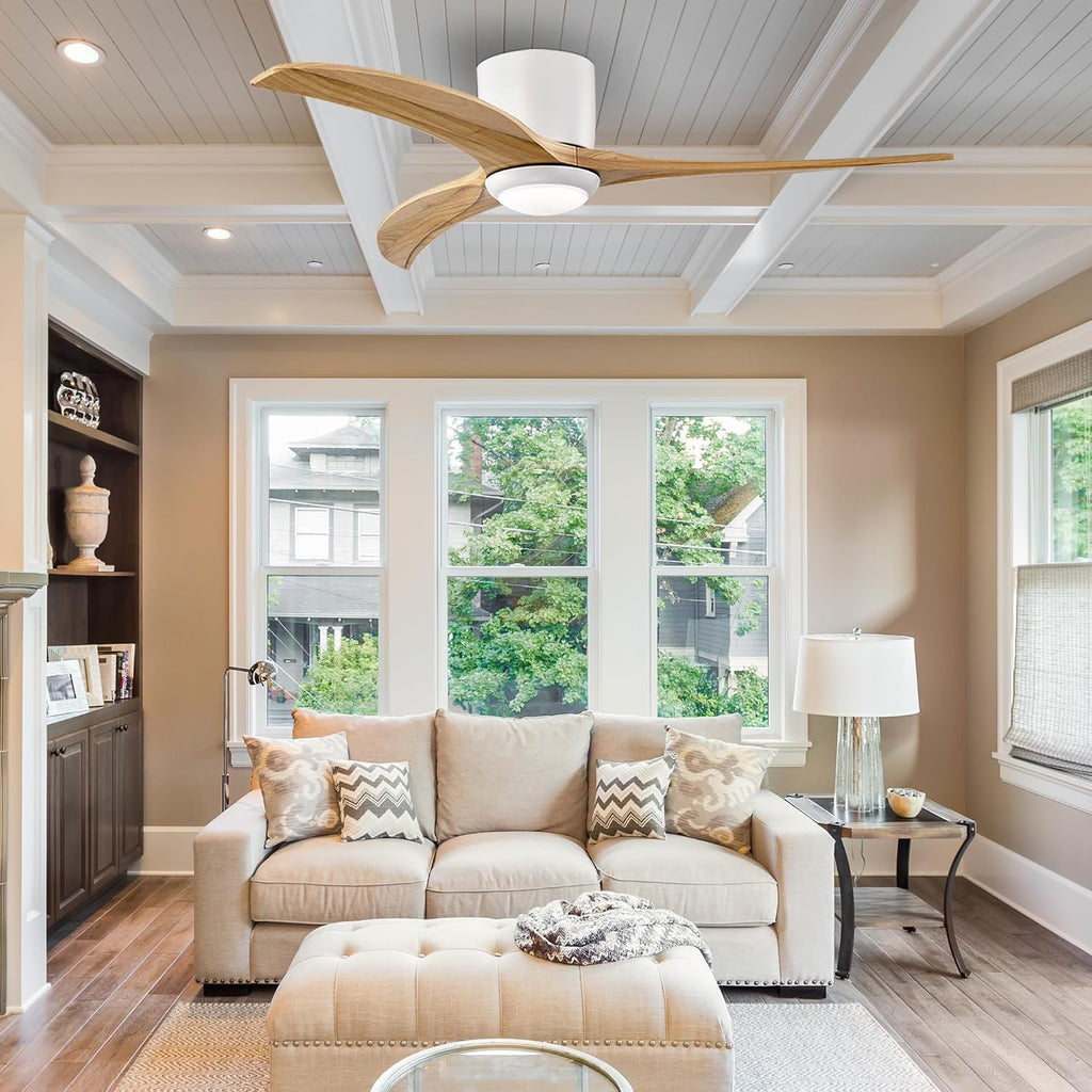 52'' Modern Dimmable Fandelier with Light and Remote, Low Profile Flush Mount Ceiling Fan Wooden Chandelier Fan Reversible DC Motor Ceiling Fans for Bedroom Living Room (White)