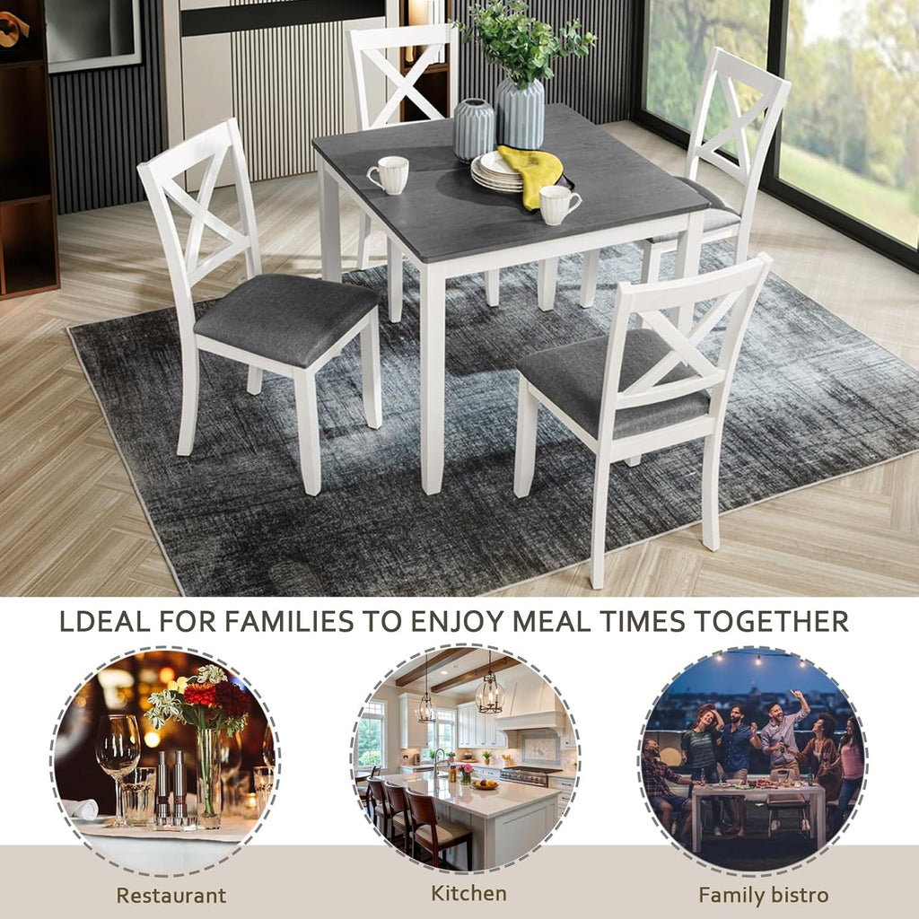 5-Piece Dining Table Set for 4, Kitchen Dining Table with 4 Soft Cushioned Solid Wood Chairs, Ideal for Home or Restaurant Use.(Gray & White_Small)