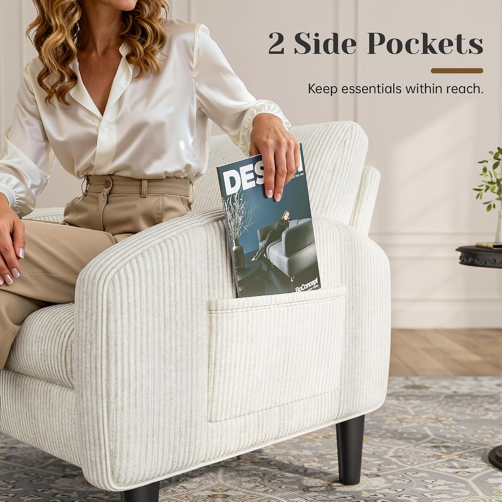 Homkdom Accent Chair for Living Room,Mid Century Modern Reading Chair with 2 Side Pockets,Upholstered Armchair for Apartment,Small Room,Beige