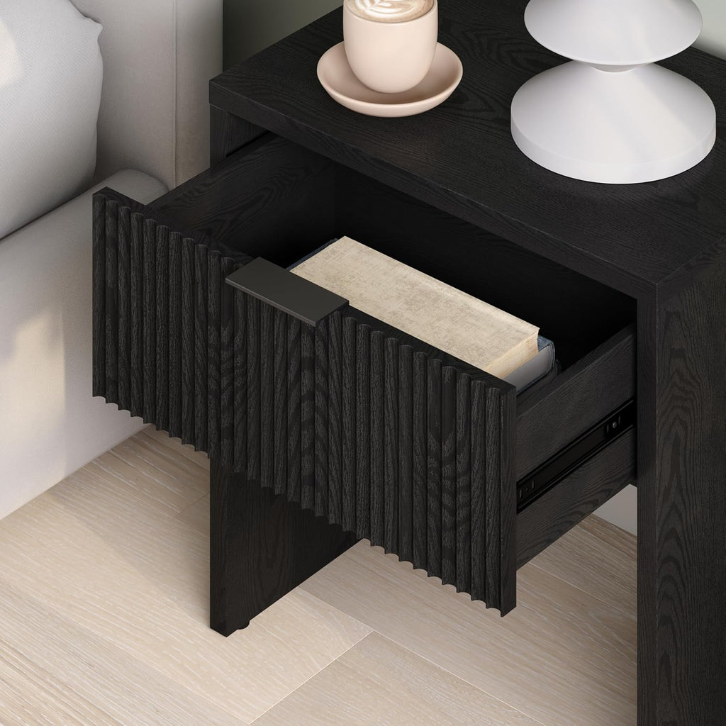 Henn&Hart 24' Fluted Modern Wooden Nightstand, Ribbed Side Table with Storage Drawer and Open Storage Space for Bedroom, Living Room, or Home Office, Natural Black