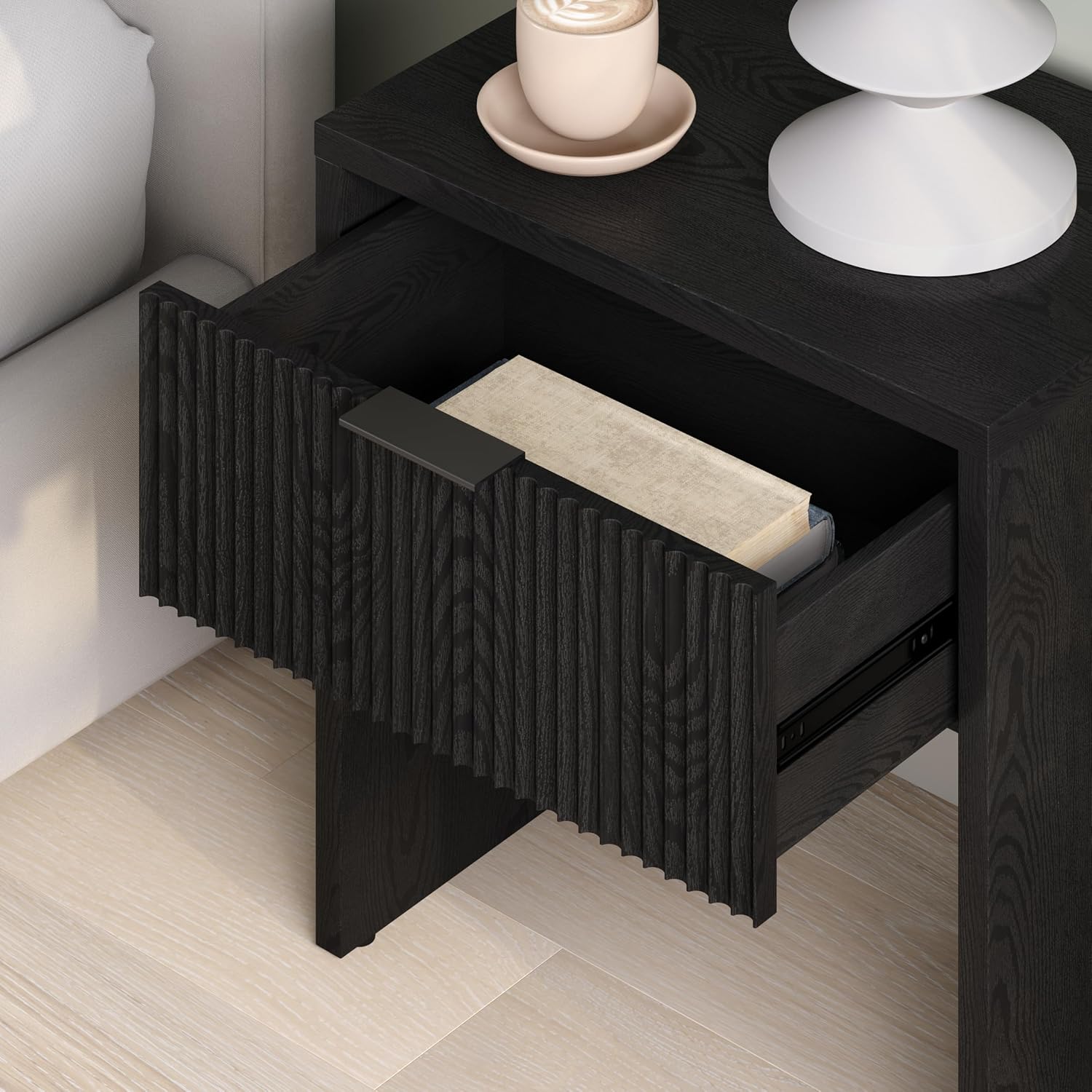 Henn&Hart 24' Fluted Modern Wooden Nightstand, Ribbed Side Table with Storage Drawer and Open Storage Space for Bedroom, Living Room, or Home Office, Natural Black