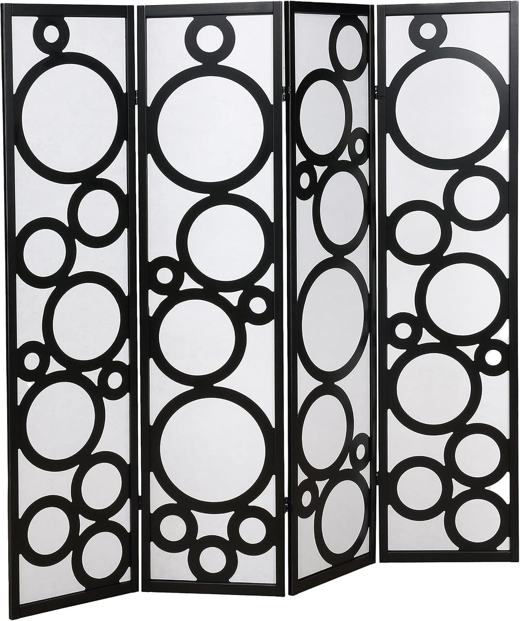 Roundhill Furniture Arvada 4-Panel Wood Room Divider with Circle Pattern, Black