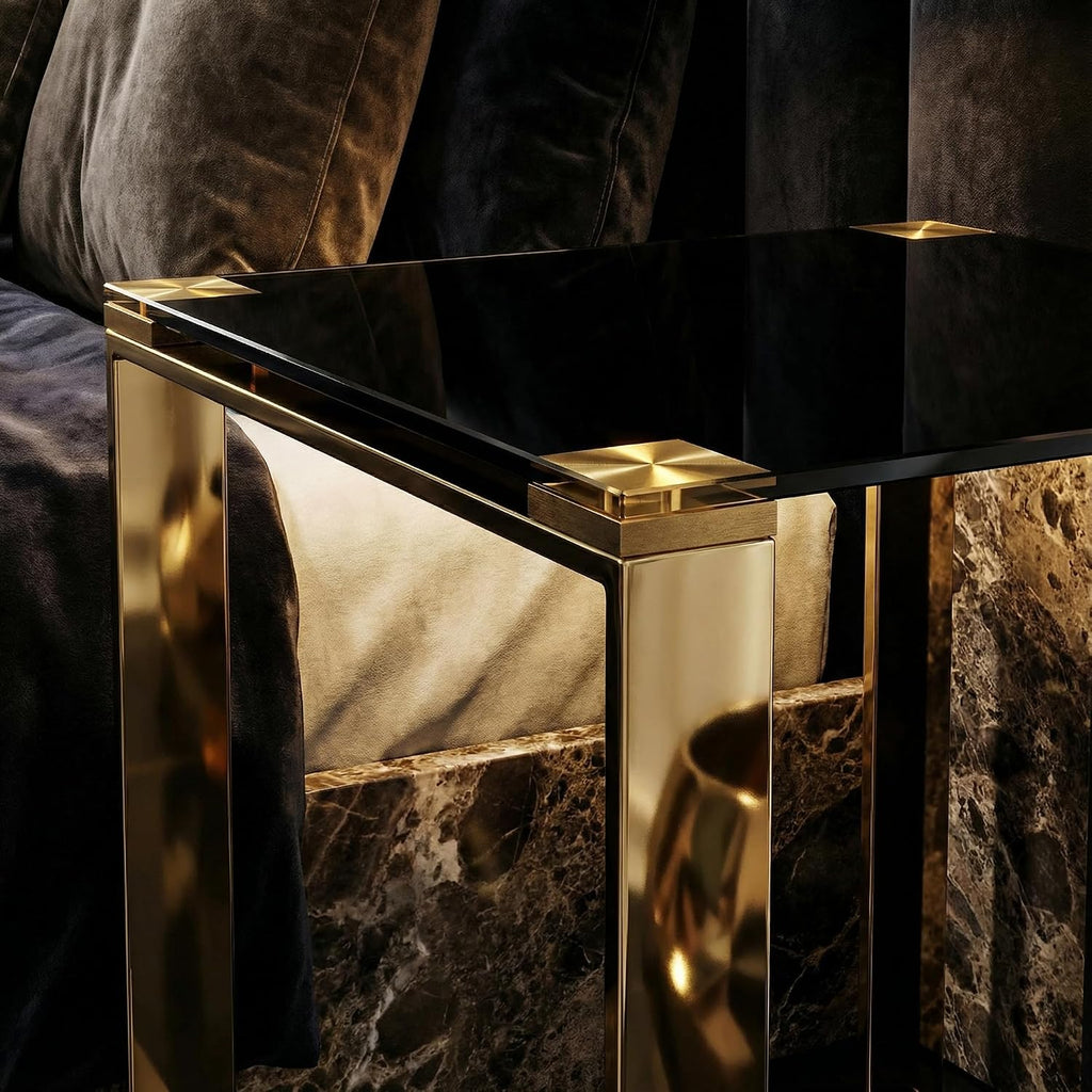 Cortesi Home CH-ET636045 Remini End Table, Gold Metal and Black Glass, End Table 18'