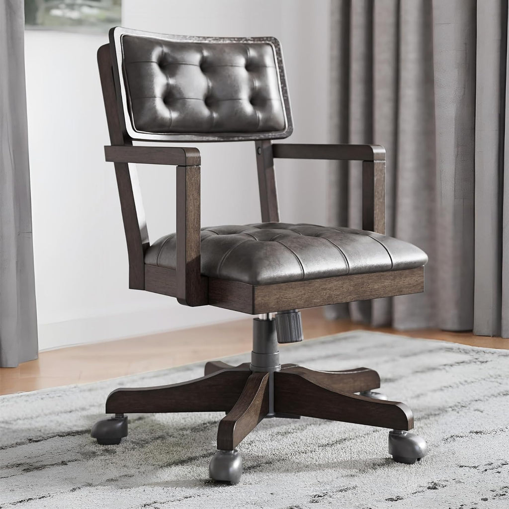 Signature Design by Ashley Breckington Contemporary Faux Leather Tufted Home Office Desk Chair with Adjustable Height and Casters, Solid Wood, 28.75' W x 28.75' D x 38' H, Dark Brown