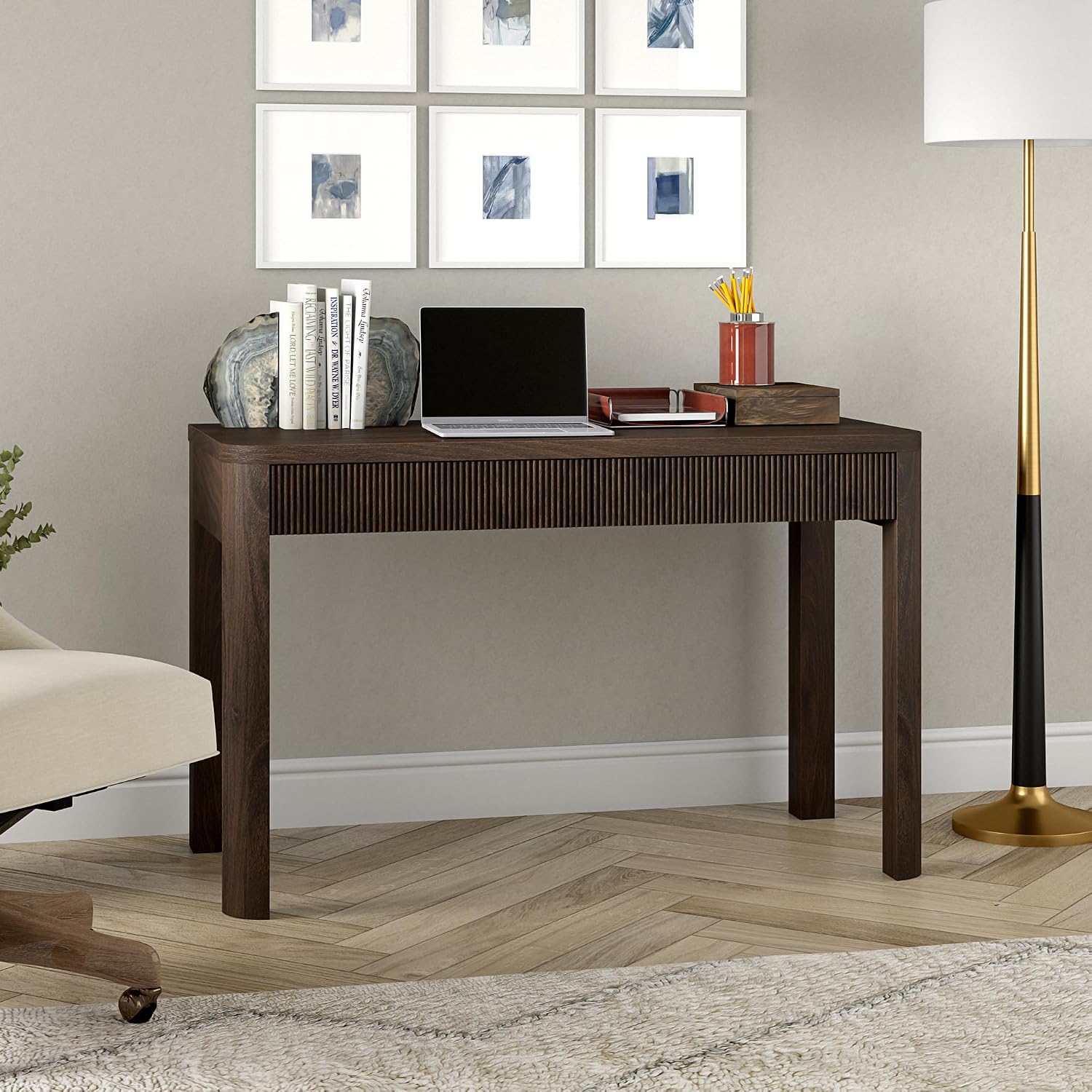 Henn&Hart 48' Fluted Modern Rectangular Home Office Desk Computer Desk Writing Table with 2 Ribbed Storage Drawers for Bedroom, Living Room, or Home Office, Rich Brown