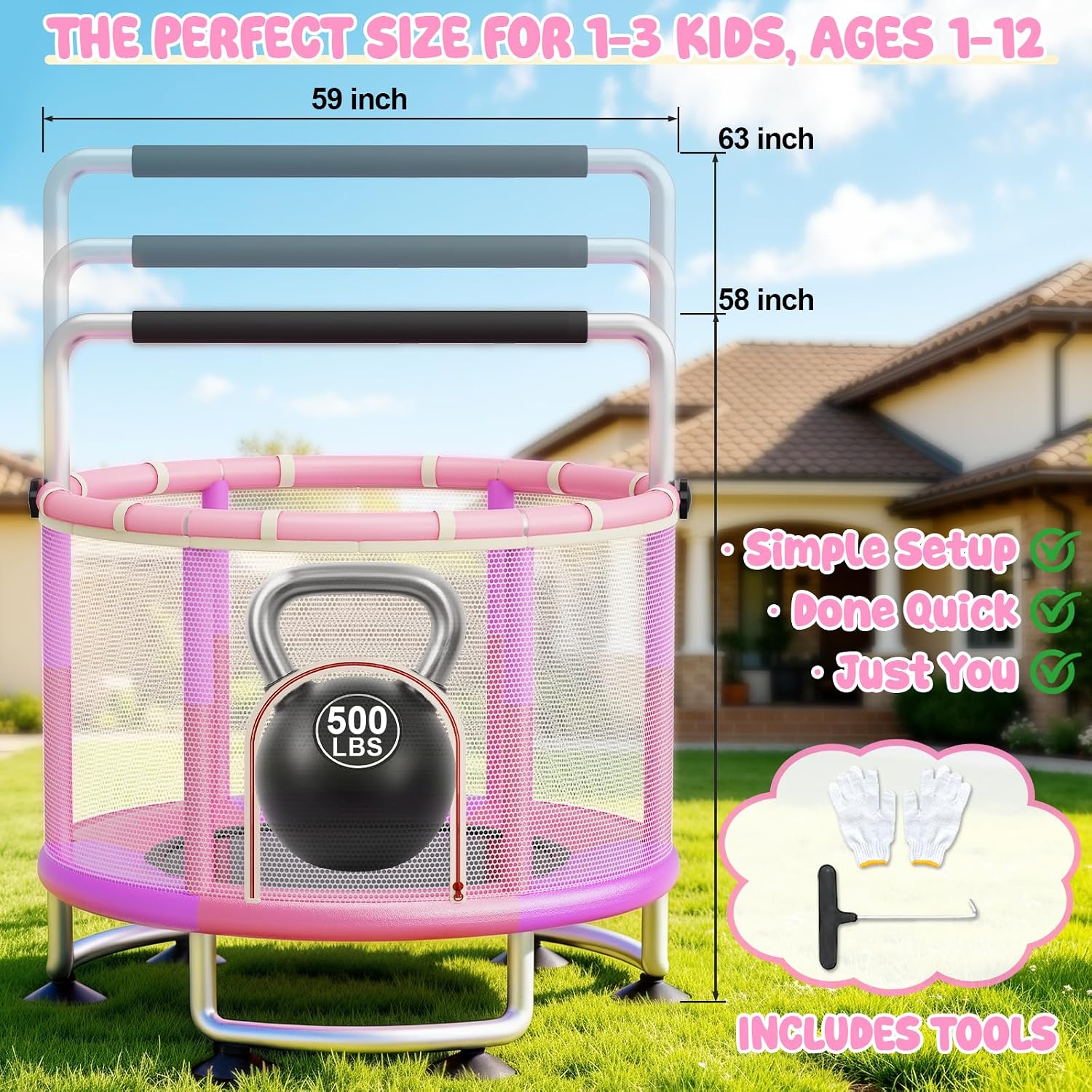 60' Toddler Trampoline for Kids,5FT Kids Trampoline for Toddlers 1-3,Upgrade Adjustable Kids Trampoline Indoor Outdoor,Mini Trampoline for Kids 2-5,500lbs Baby Small Trampoline with Net and Swing
