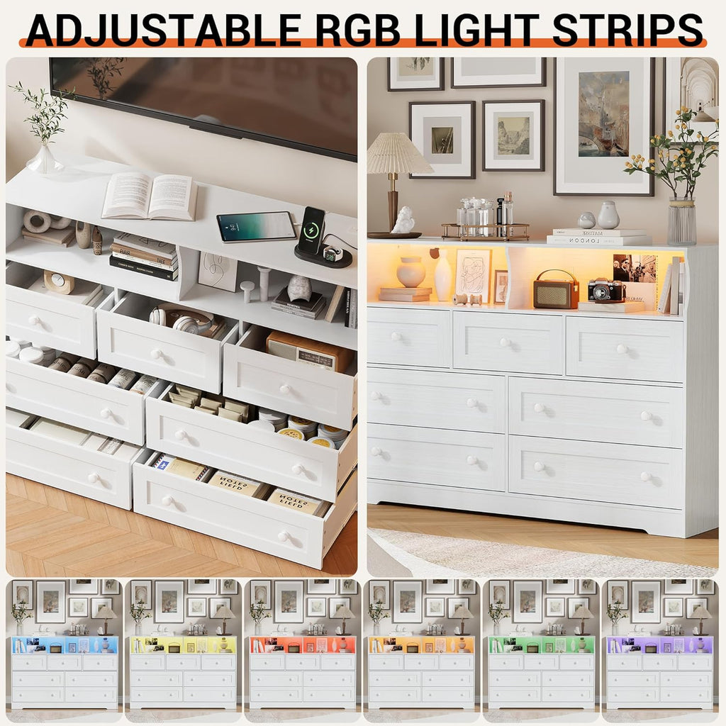 IDEALHOUSE Dresser for Bedroom with 7 Drawers, LED Lights & Charging Station, Wooden Chest with 2 Open Compartments, Freestanding Storage Organizer for Closet, Nursery, Entryway, White