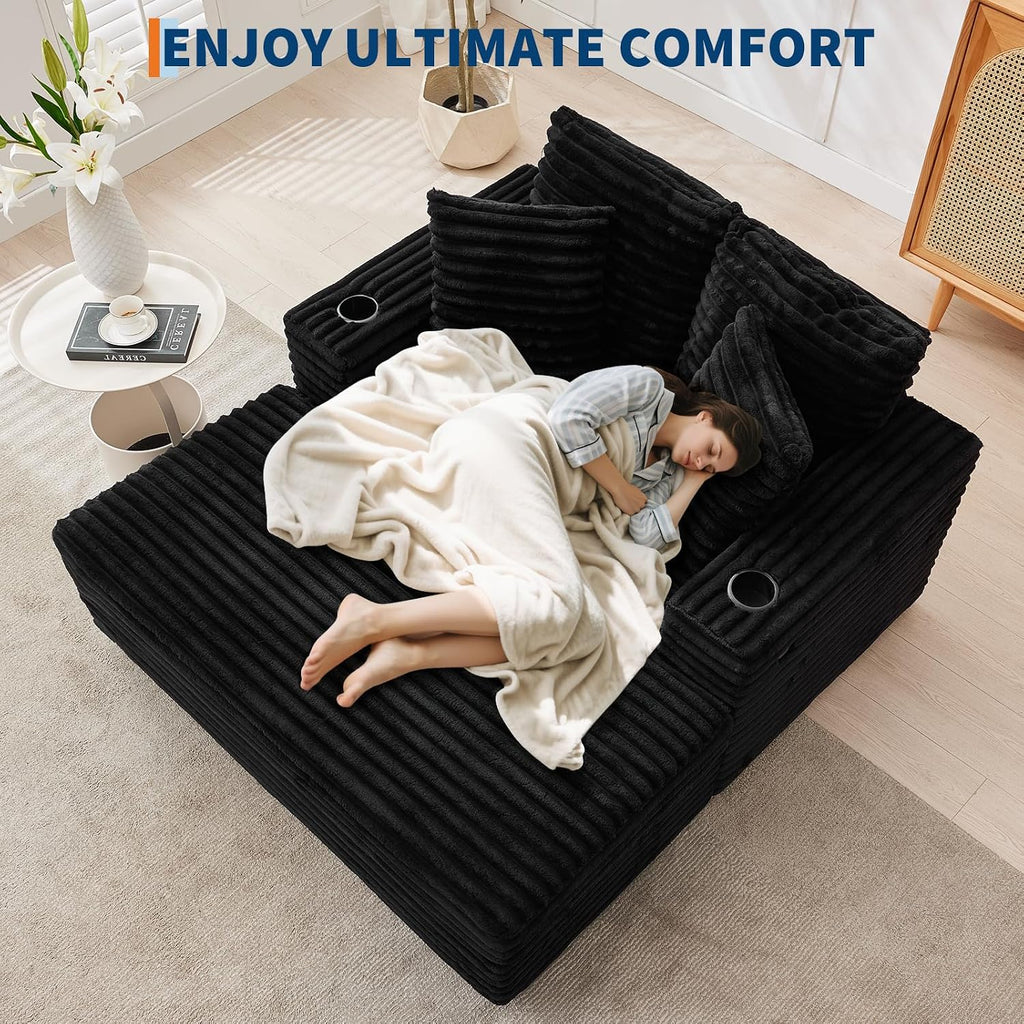 GarveeHome Oversized Chaise Lounge Chair Indoor, 56x60 in Comfortable Corduroy Lounge Sofa with Charging Ports & Cup Holders, Cozy Reading Couch for Bedroom Living Room Apartment, Black (Black)