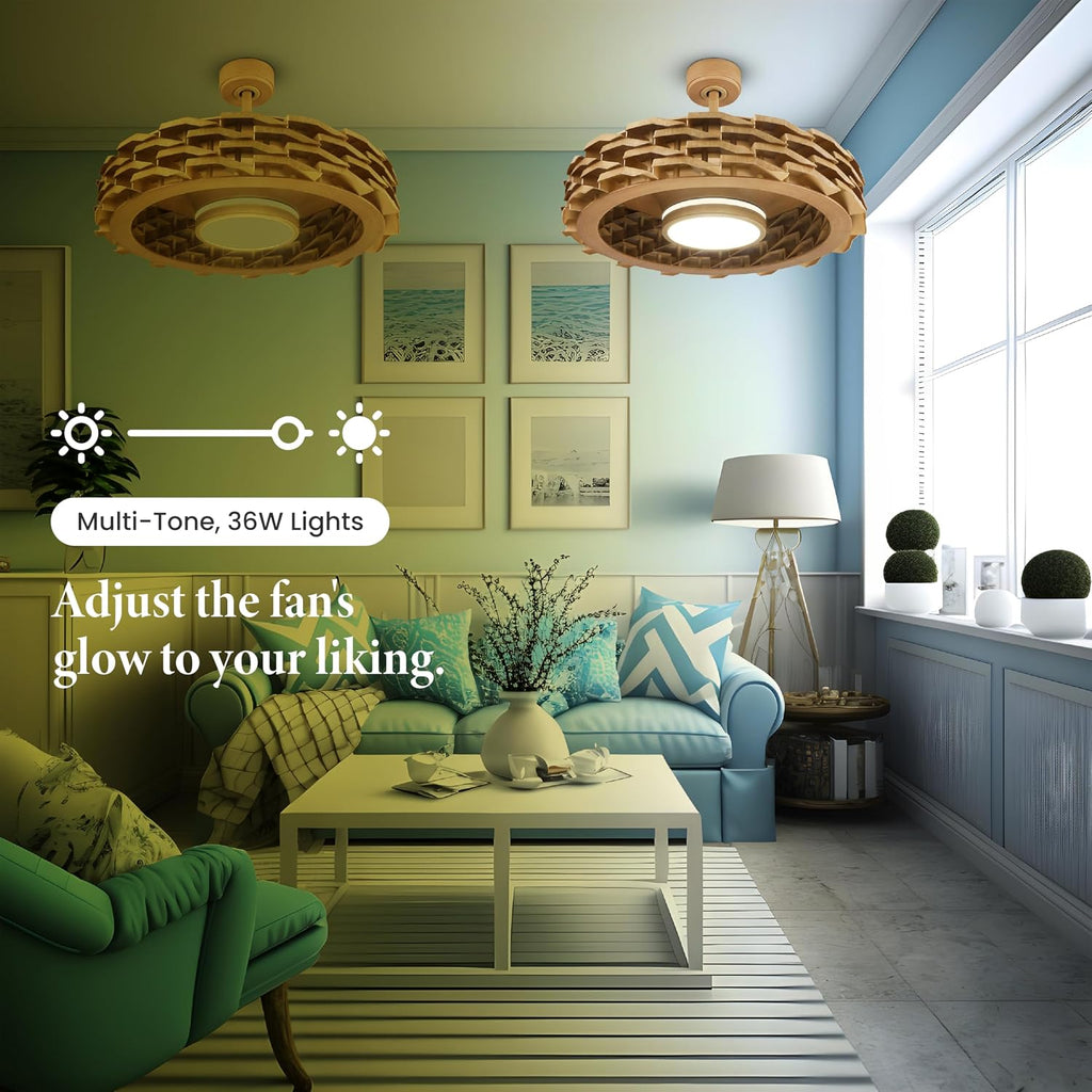 Bladeless Ceiling Fan with Lights & Remote – LUMIO 28' Low-Profile Downrod or Flush Mount Ceiling Fan with Lights for Bedroom & More – Dimmable LED, Night Light & Wi-Fi Connect, Faux Wood